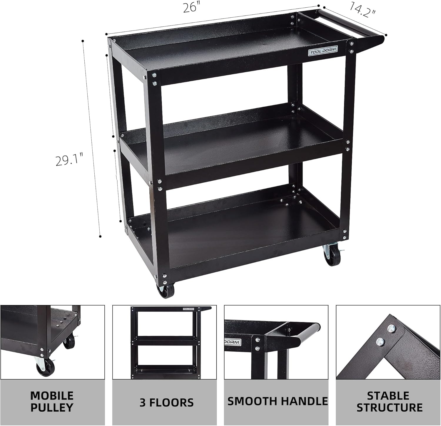 Utility Service Cart, 3 Shelf 200LBS Heavy Duty Steel Rolling Utility Cart, Medium Lipped Shelf, 360° Swivel Wheels, Ergonomic Storage Handle for Warehouse Garage, Black