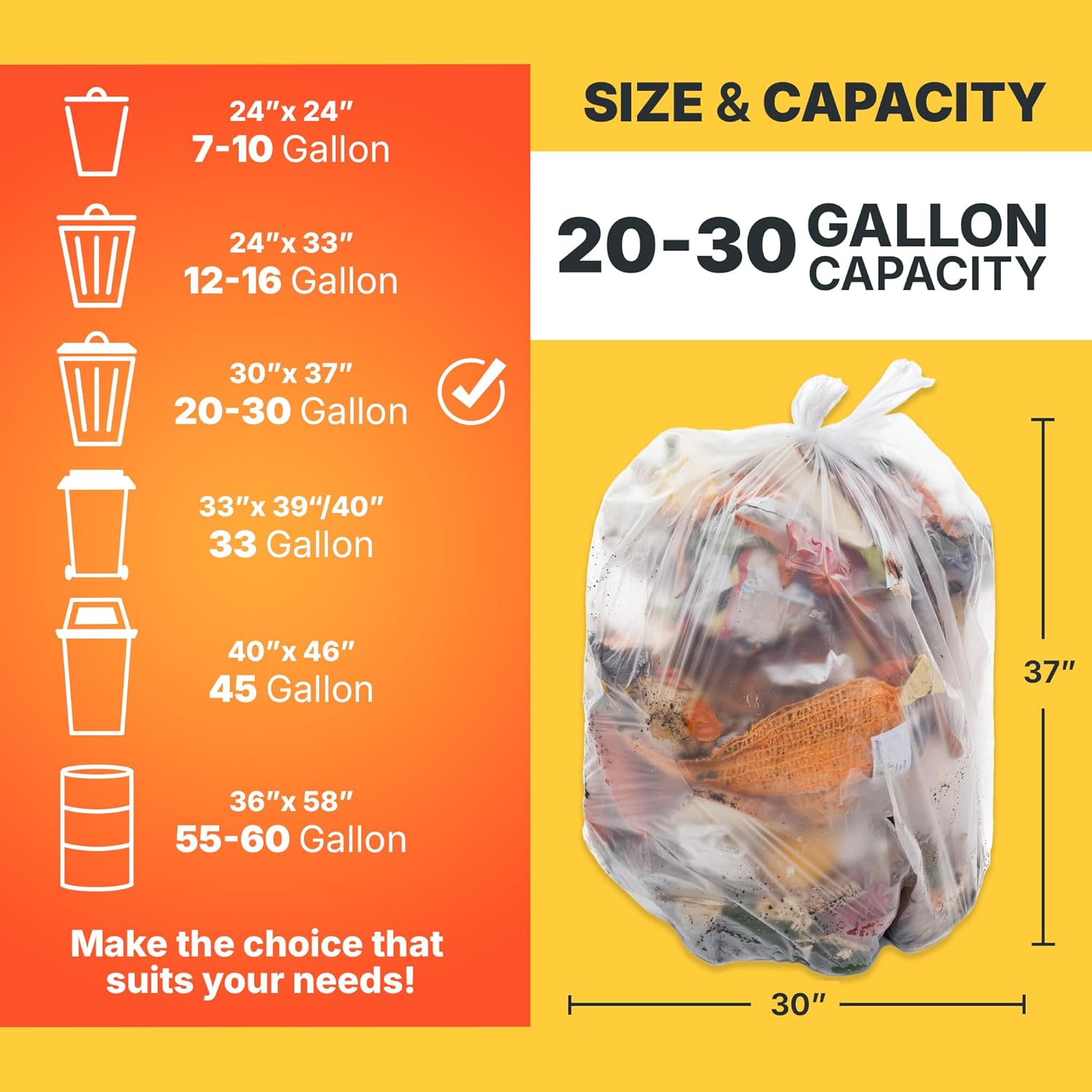 20-30 Gallon Trash Bags, 10 Micron High Density Garbage Can Liners Bulk, 30" x 37", Natural Clear, 500 Count