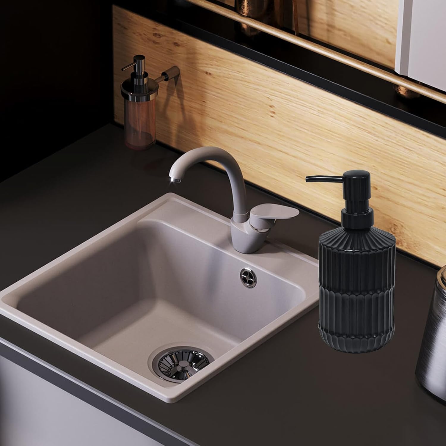 Black Glass Soap Dispenser with Pump, 15oz Refillable Liquid Hand Soap Dispenser, Lotion Dish Soap Dispenser for Modern Home Decor, Bathroom, Kitchen Countertop, Hotel