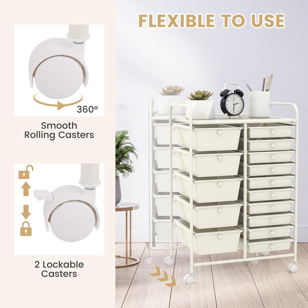 GOFLAME 15-Drawer Rolling Storage Cart, Multipurpose Movable Organizer Cart, Utility Cart for Home, Office, School, White