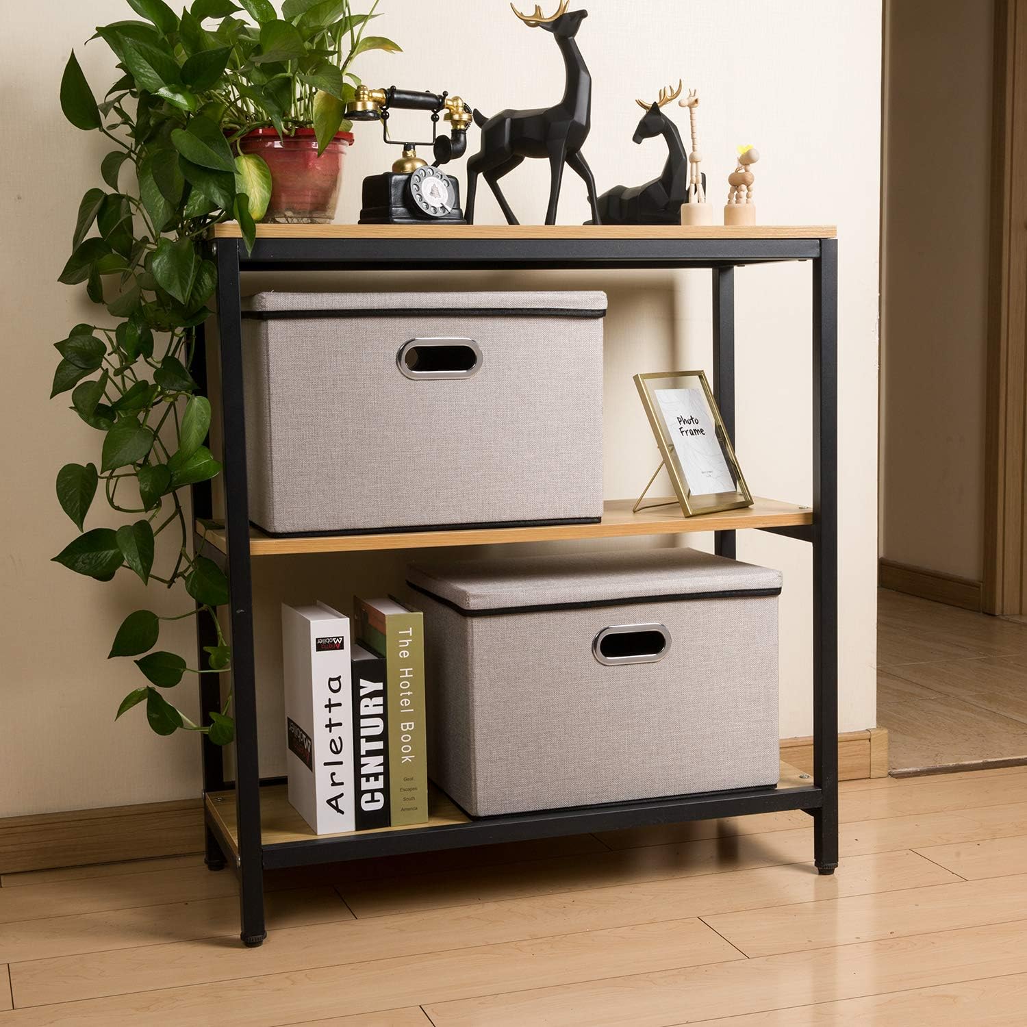 PRANDOM Large Foldable Storage Bins with Lids [3-Pack] linenFabric Decorative Storage Boxes Organizer Containers Baskets Cube with Handles Divider for Bedroom Closet Office Light Grey(17.7x11.8x11.8)