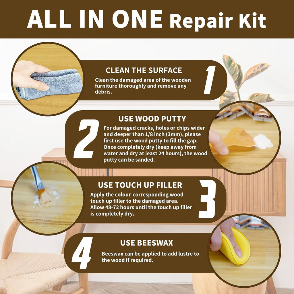 Wood Furniture Repair Kit, All-in-One Large Capacity Floor Repair Kit Include Wood Putty & 12 Colors Wood Touch Up Filler and Beeswax, Vinyl Floor Repair Kit for Scratch, Cracks, Stain, Holes