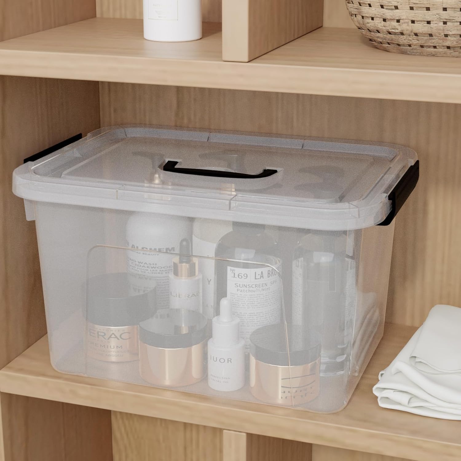 10.5 L Clear Latch Storage Bin with Lid, 4 Packs Plastic Organizing Box with Black Handle
