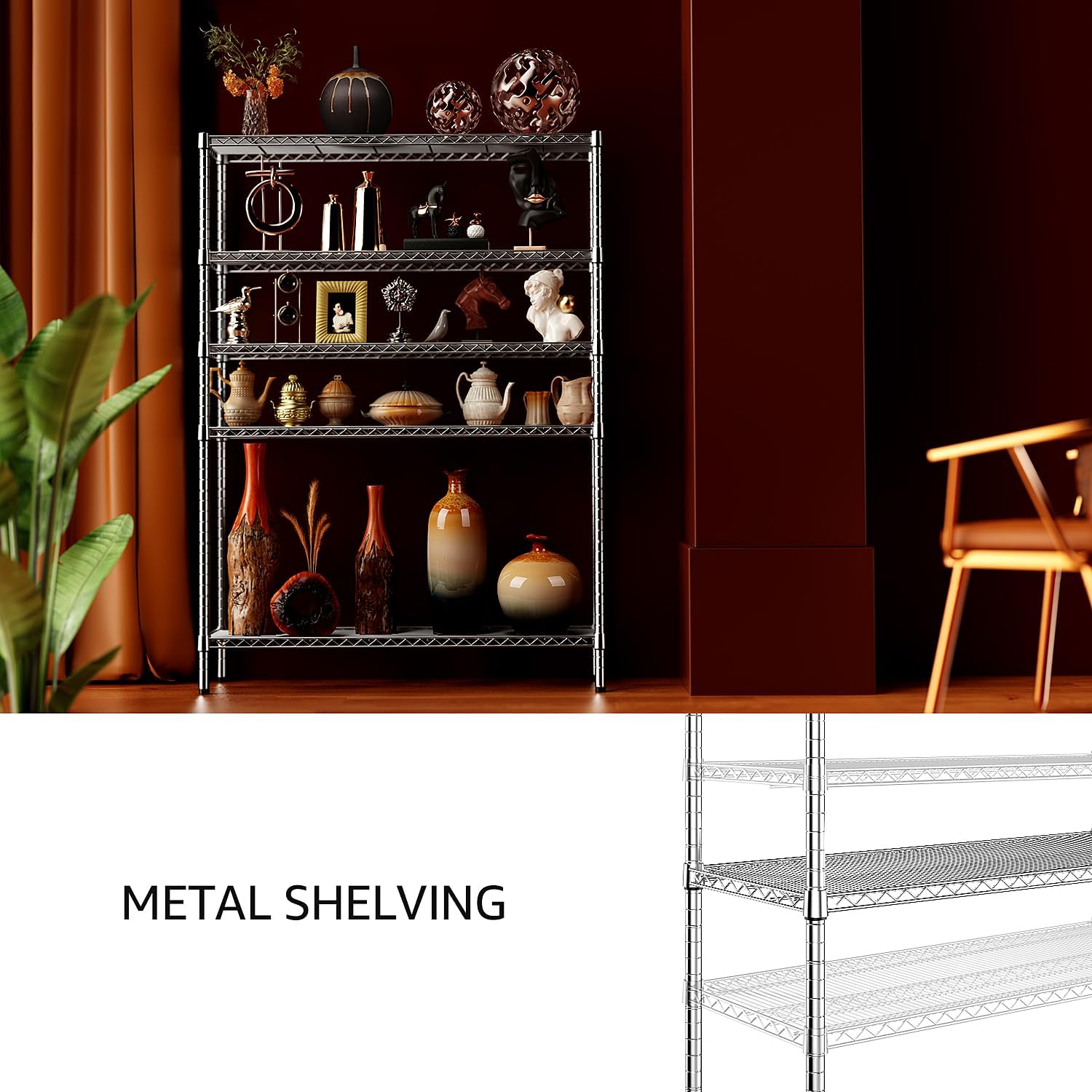 IZEUK 4250 LBS Garage Shelving Wide Storage Shelves 5 Tier Metal Shelves Heavy Duty Adjustable Utility Shelf Rack Chrome 17.7" D x 47.2" W x 70.4" H