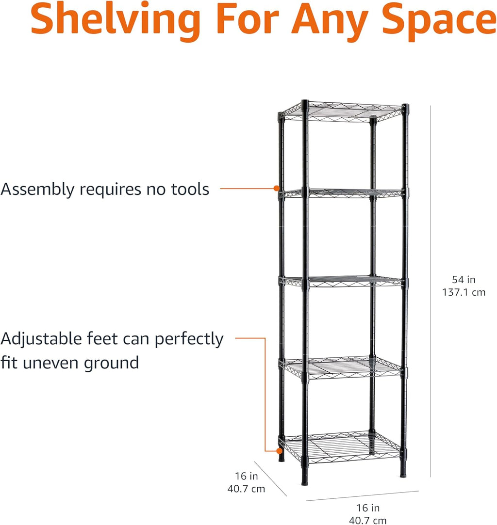 Amazon Basics 5-Shelf Tower Adjustable Storage Shelving Unit, Black, 16 D x 16 W x 54 H in