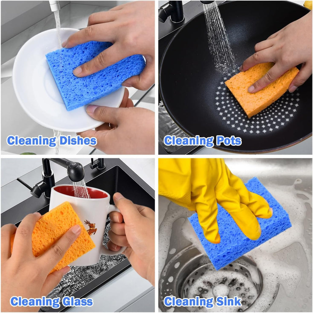 YoleShy 48 Pack Sponges Kitchen Natural Compressed Cellulose Sponges for Dishes Non Scratch for Household Cookware Bathroom Cars Soft Super Absorbent Reusable, Blue and Yellow