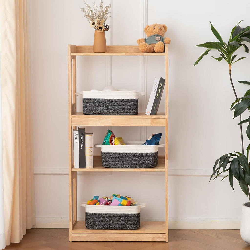 OIAHOMY 3 Pack Storage Baskets for Organizing, Woven Cotton Rope Basket for Shelves, Closet Organizer Bins with Handles, Rectangle Toy Organization, 13.78''×9.84''×5.5'', Black & White