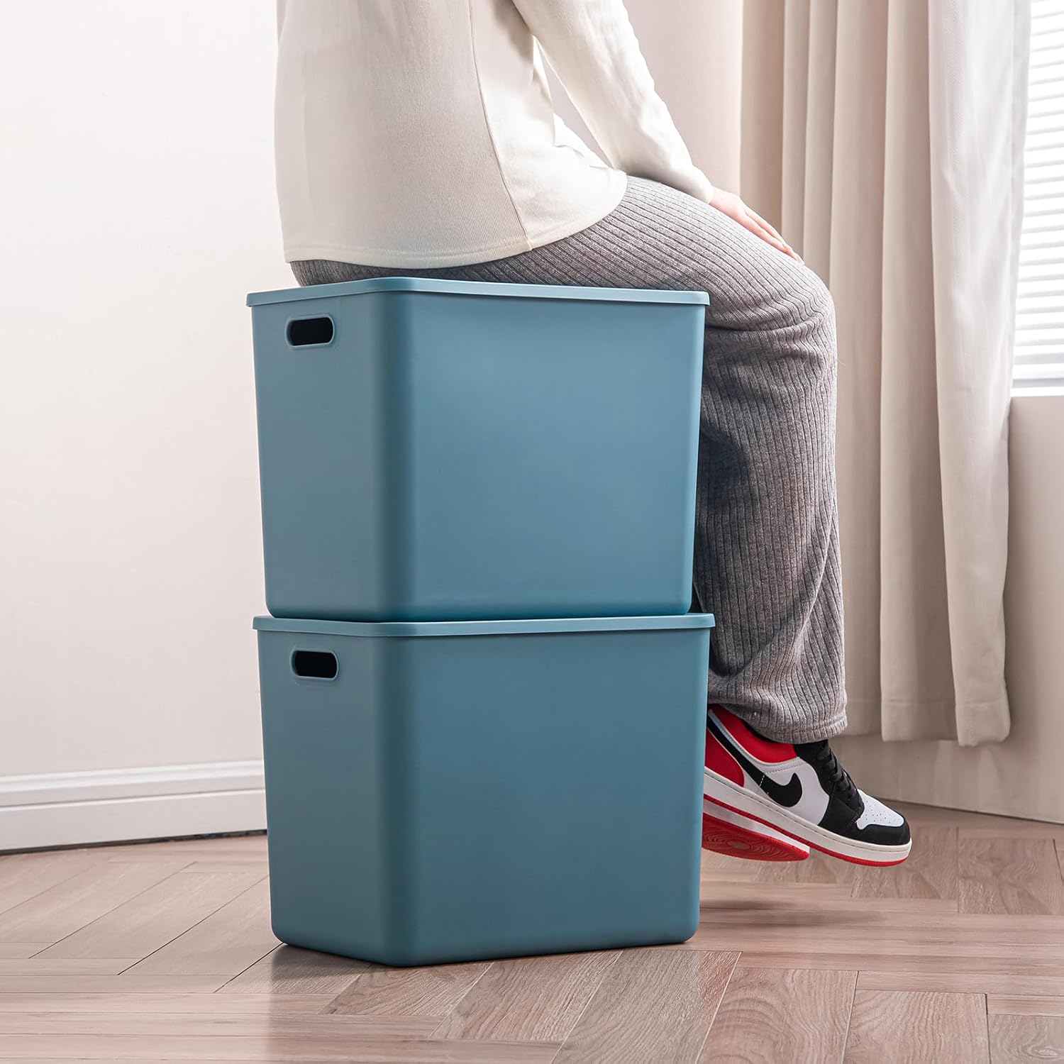 Plastic Storage Bins with lids,Storage Baskets,Container with handle,Storage Organizer Bins for Shelves,Office,Bedrooms,Closets, Cabinets(Blue, 4XL)