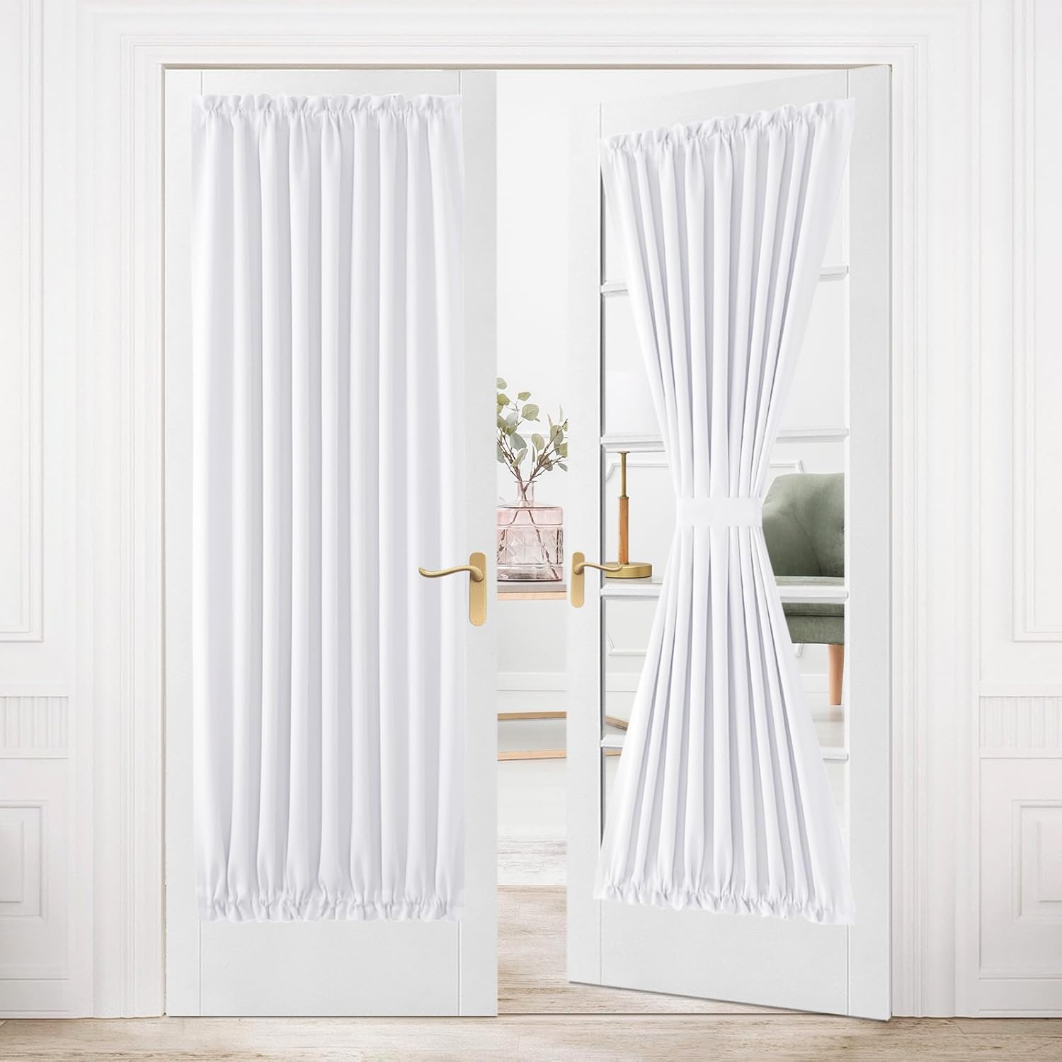 DWCN French Door Curtains – Rod Pocket Thermal Curtain for Doors with Glass Window, Kitchen and Patio Doors for Privacy, 36 X 80 Inches Long, 1 Curtain Panel with Tieback, Pure White