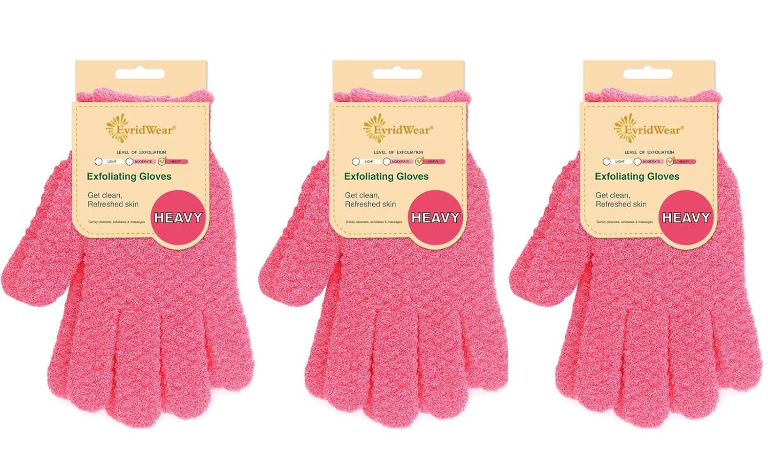 Evridwear Exfoliating Gloves for Shower, 100% Nylon Thick Soft Medium Heavy Bathing Gloves Dead Skin Remover Body Scrubber Smooth Skin with Hang Loop, 3 Pairs Heavy Hot Pink