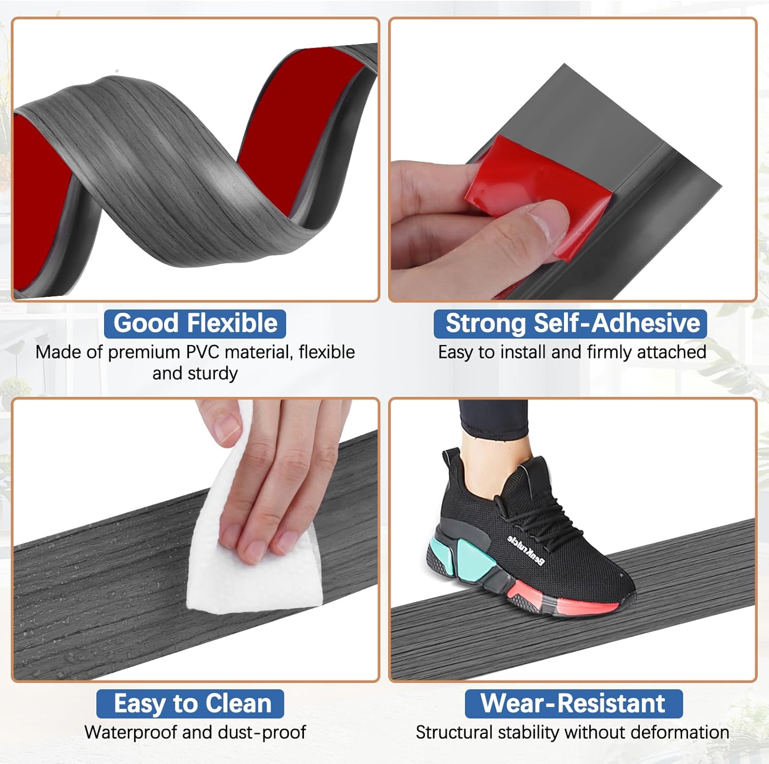 Vinyl Door Threshold Flooring Transition Strip Self Adhesive Carpet Edging Strip for Laminate Doorway Edge Threshold from 1/5" to 2/5" (Dark Gray Wood Grain, 6.6 Ft)
