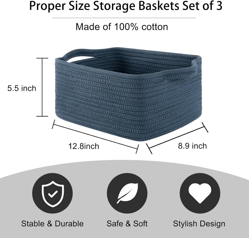 OIAHOMY Cotton Rope Woven Baskets for Storage, Nursery Rectangle Storage Basket with Handles for Shelves, Pack of 3, Blue