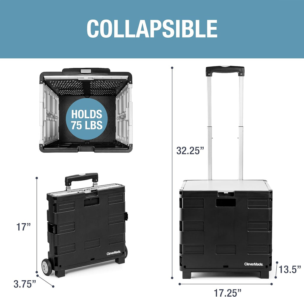 CleverMade Collapsible Wheeled Crate with Lid, 2-Wheels – Stable Rolling Crate with Handle and Large Wheels for Fragile Items, Heavy Loads and Easy Storage - 35L and 75lb Capacity, Black/Cream