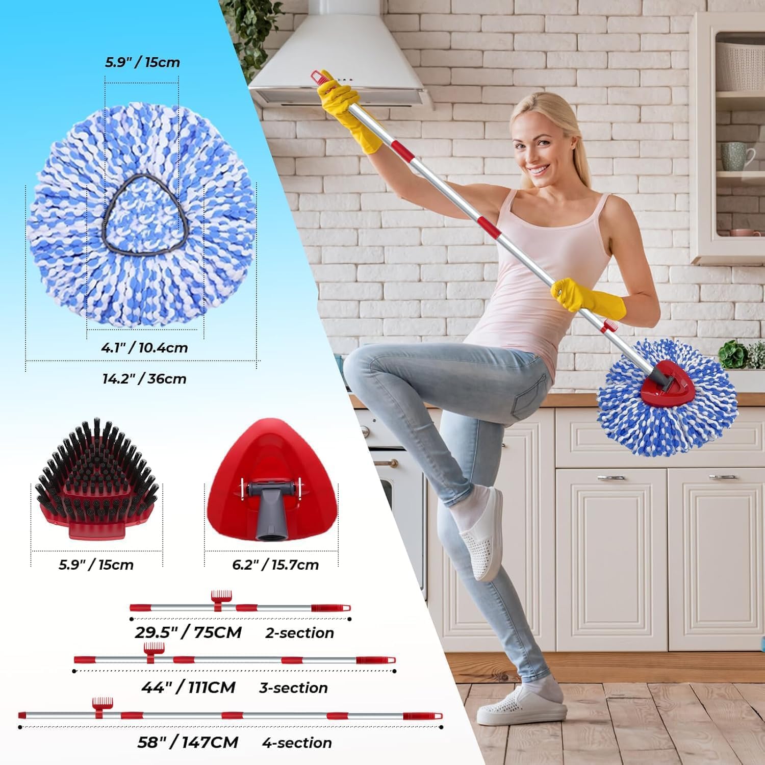 2 Pack Spin Mop Heads Replacement Compatible with O Cedar RinseClean 2 Tank, Upgraded Scrub Brush,4 Section Mop Handle and 1 Base Combo Set, Microfiber Replace Head Refill