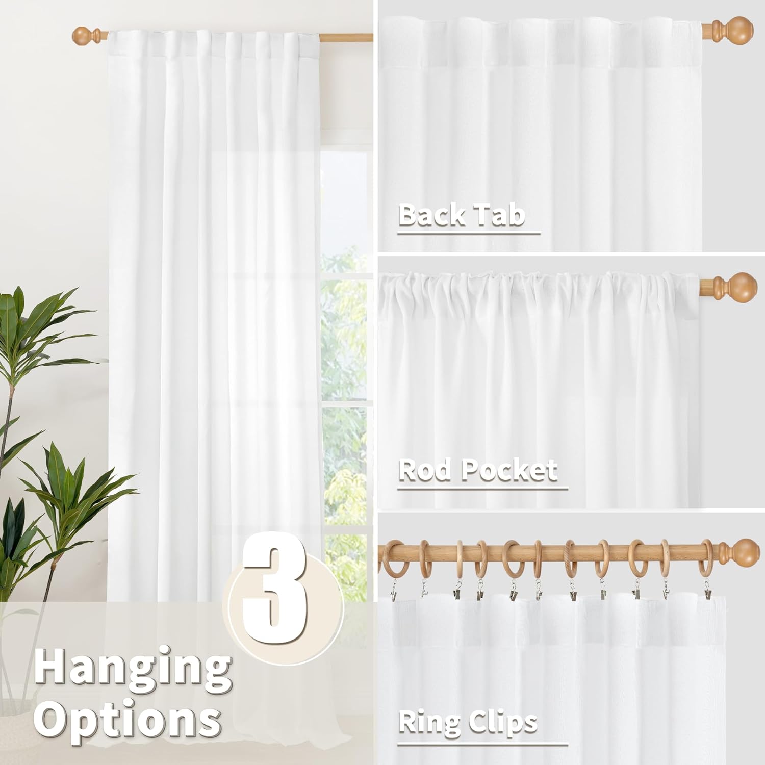 YoungsTex White Cafe Curtains 36 Inch Length for Window Over Sink - Linen Semi Sheer Drapes with Rod Pocket Back Tab Lightweight for Bathroom Kitchen, 2 Panels, 30 X 36 Inch