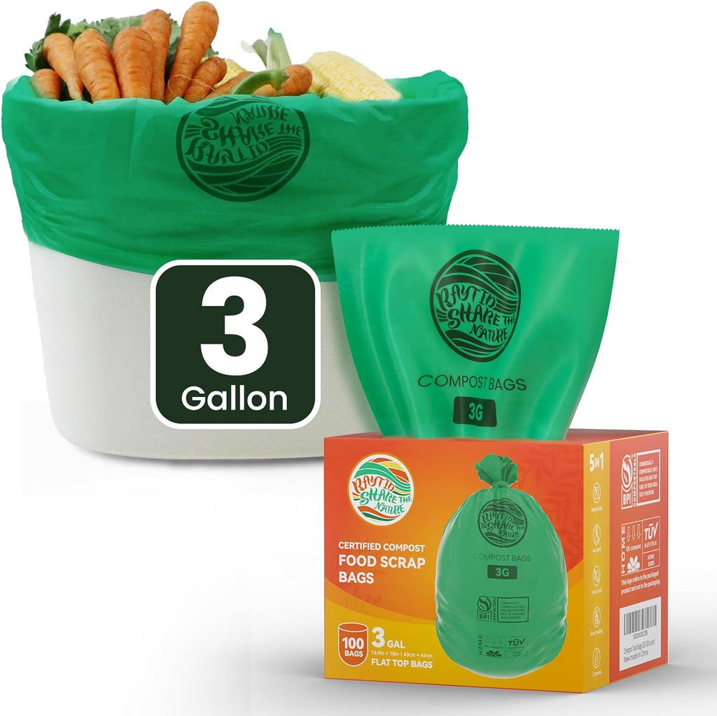 Compost Bags 3 Gallon,100 Count,Compost Food Scrap Waste Bags Fits Countertop Bin,Small Kitchen Food Scrap Waste Bags,Compost bin bags,Certified by BPI,ASTM D6400 and OK compost HOME certified