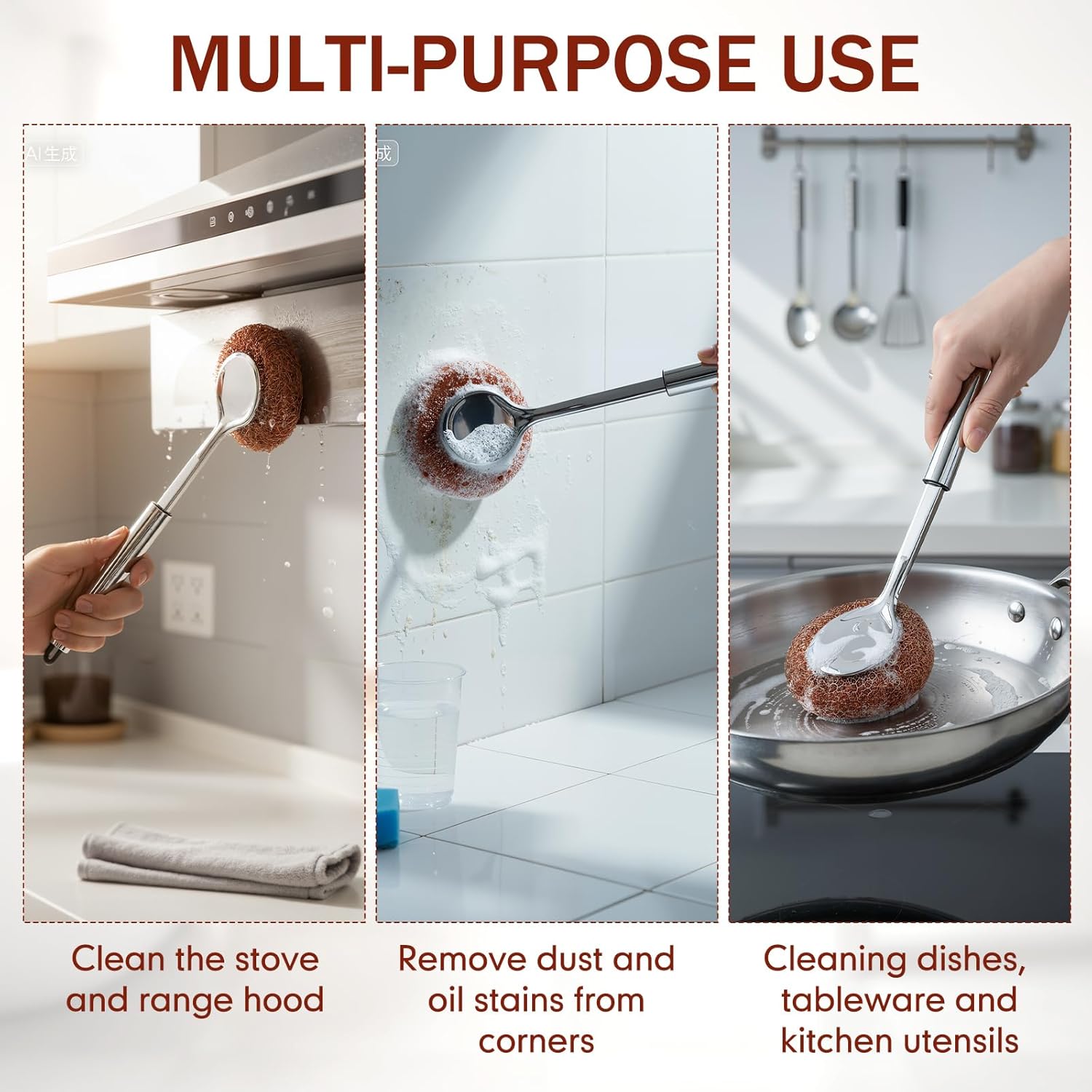 5 Pcs Copper Coated Scourers Copper Scrubbing Pads Scouring Pads 1 PC Steel Wool Scrubber Dish Brush Set with Handle Deep Cleaning Scrubber Silver for Kitchen Cleaning Dishes Pots Pans