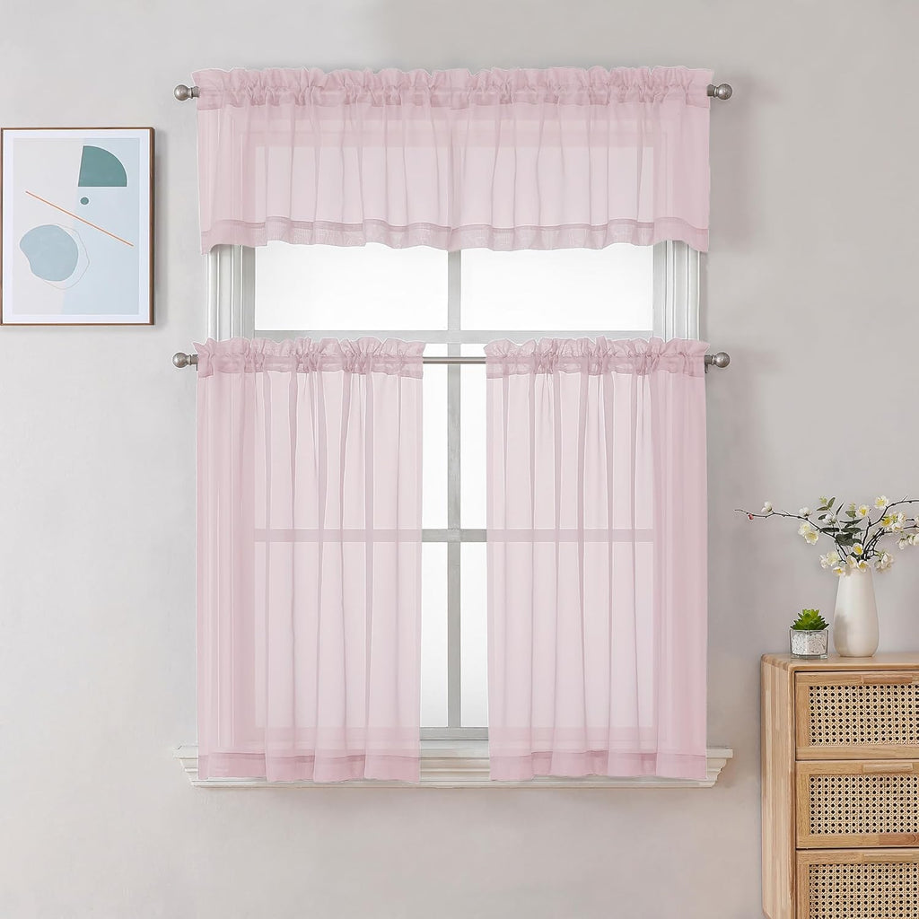 Chyhomenyc Sheer Curtains 36 inch Length 2 Panels, Light Filtering Voile Rod Pocket Short Window Sheer Curtians for Bathroom Living Room, 2PCS, Blush Pink