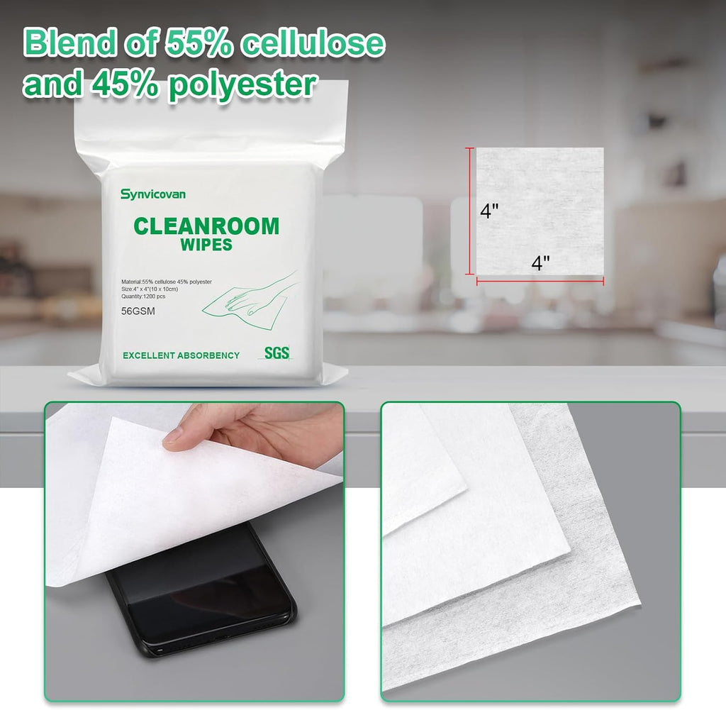 Cleanroom Wipes 4"x4" (1200 Pcs, Cellulose/Polyester Blend, Grade B, 56GSM) Lint Free Wipes for Laboratory, Electronics, Pharmaceutical,Printing,Automotives and Semiconductor Industries