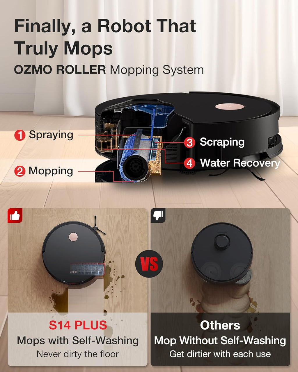 Yeedi S14 Plus Robot Vacuum and Mop, 18,000Pa Suction, OZMO Roller Mopping, ZeroTangle 2.0, TruEdge 3D Sensor, All-in-One Station with Auto Hot Water Washing & Self-Drying, Black