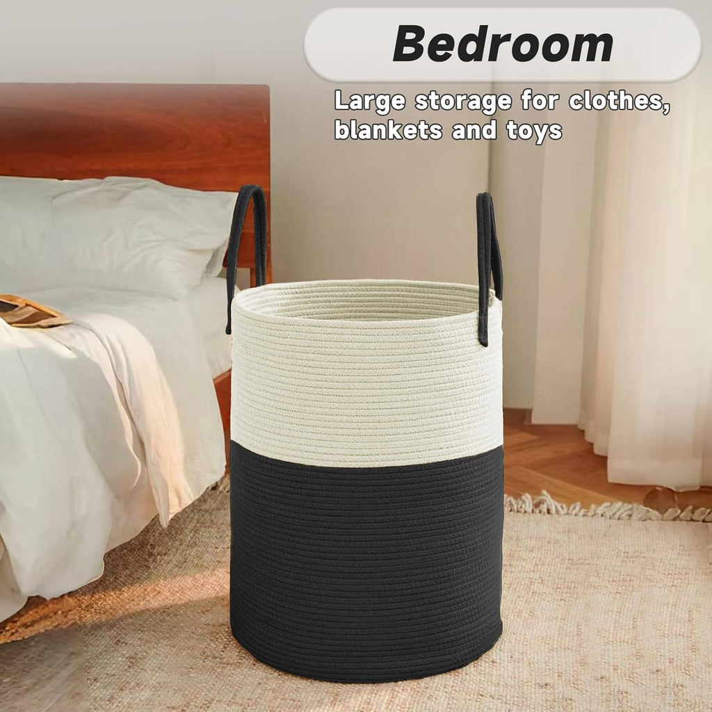 Large Woven Laundry Basket Hamper,80L Cotton Rope Storage Bin for Blankets,Toys and Clothes,Decorative Tall Nursery Hamper for Living Room,Baby Nursery,Bathroom and Bedroom,White and Black