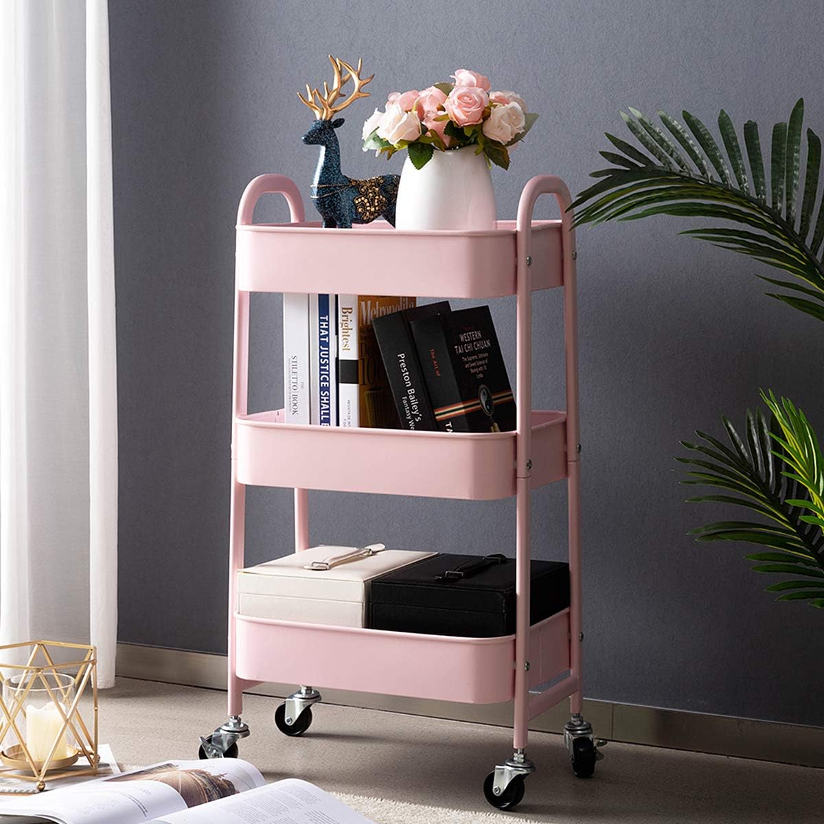 AGTEK Makeup Cart, Movable Rolling Organizer Cart, 3 Tier Metal Utility Cart Pink