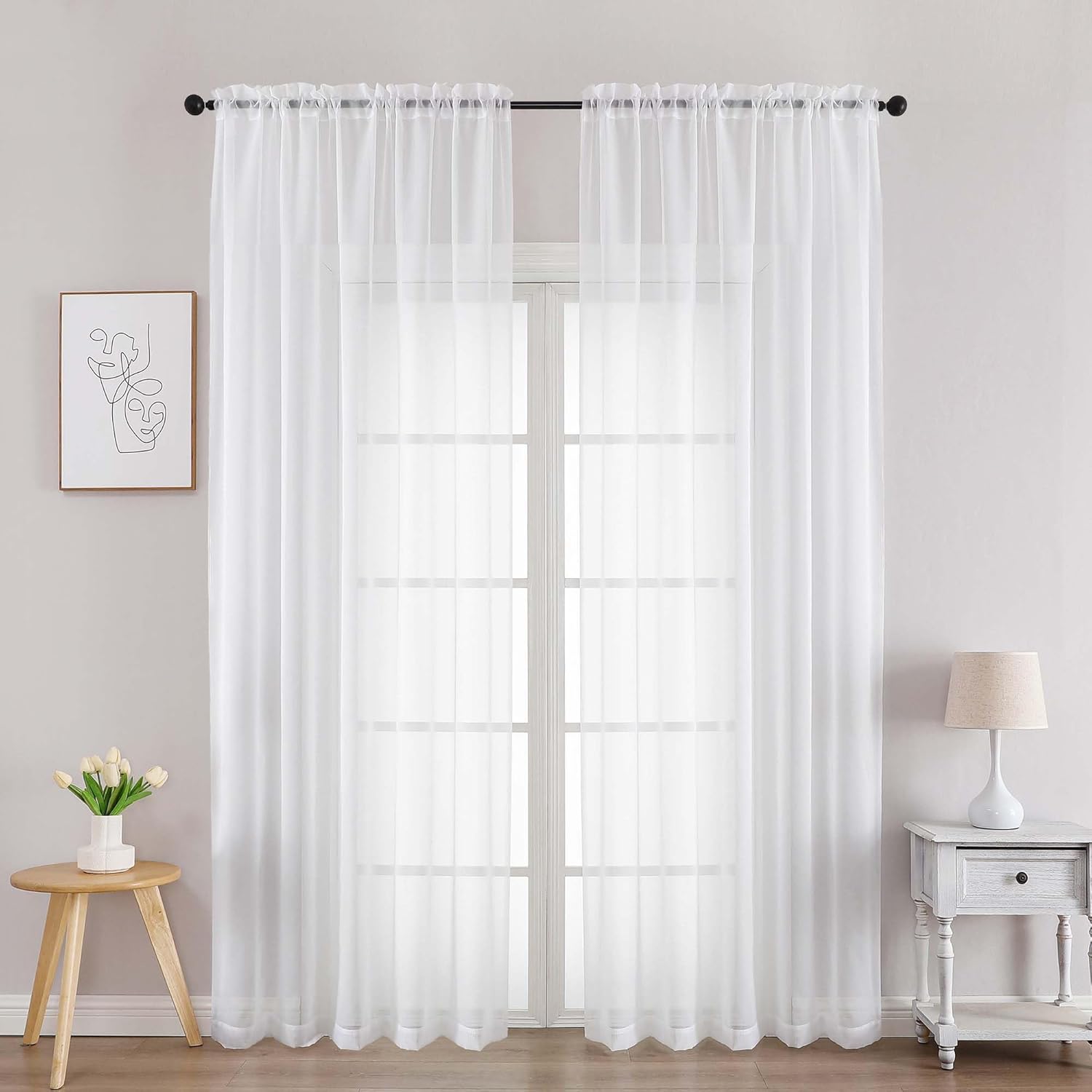 Chyhomenyc White Sheer Curtains 90 Inches Long 2 Panels, Light Filtering White Curtains for Living Room, Soft Gentle Voile Rod Pocket Bedroom Window Drapes, 59Wx90L Inch, 2PCS