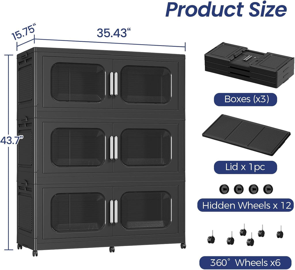 150GAL Extra Large Storage Bins with Lid, 600QT Storage Bins with Wheels, Folding Closet Organizer, Stackable Collapsible Plastic Storage Containers for Home, Office, Dorm, 3Pack Black