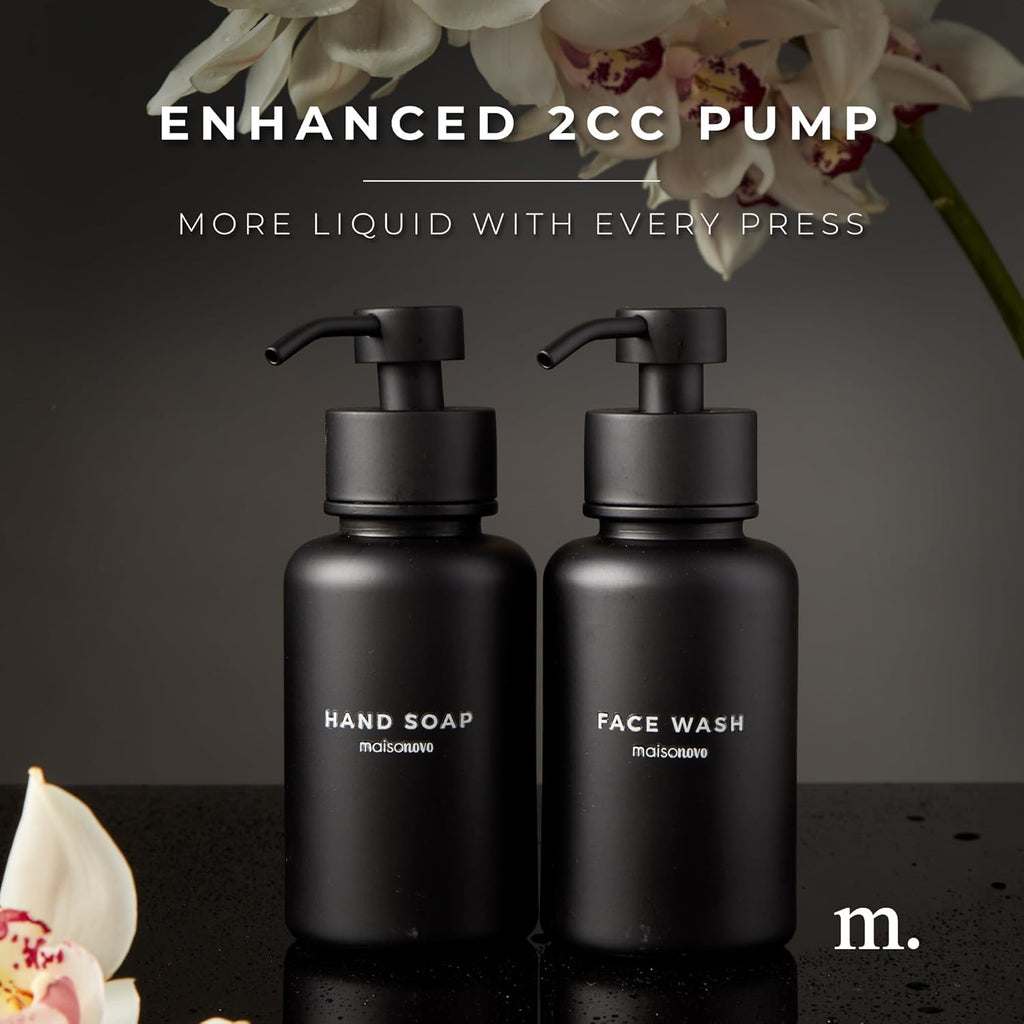 MaisoNovo Glass Foaming Soap Dispenser 14 Oz | Black Glass Black Pumps x 2