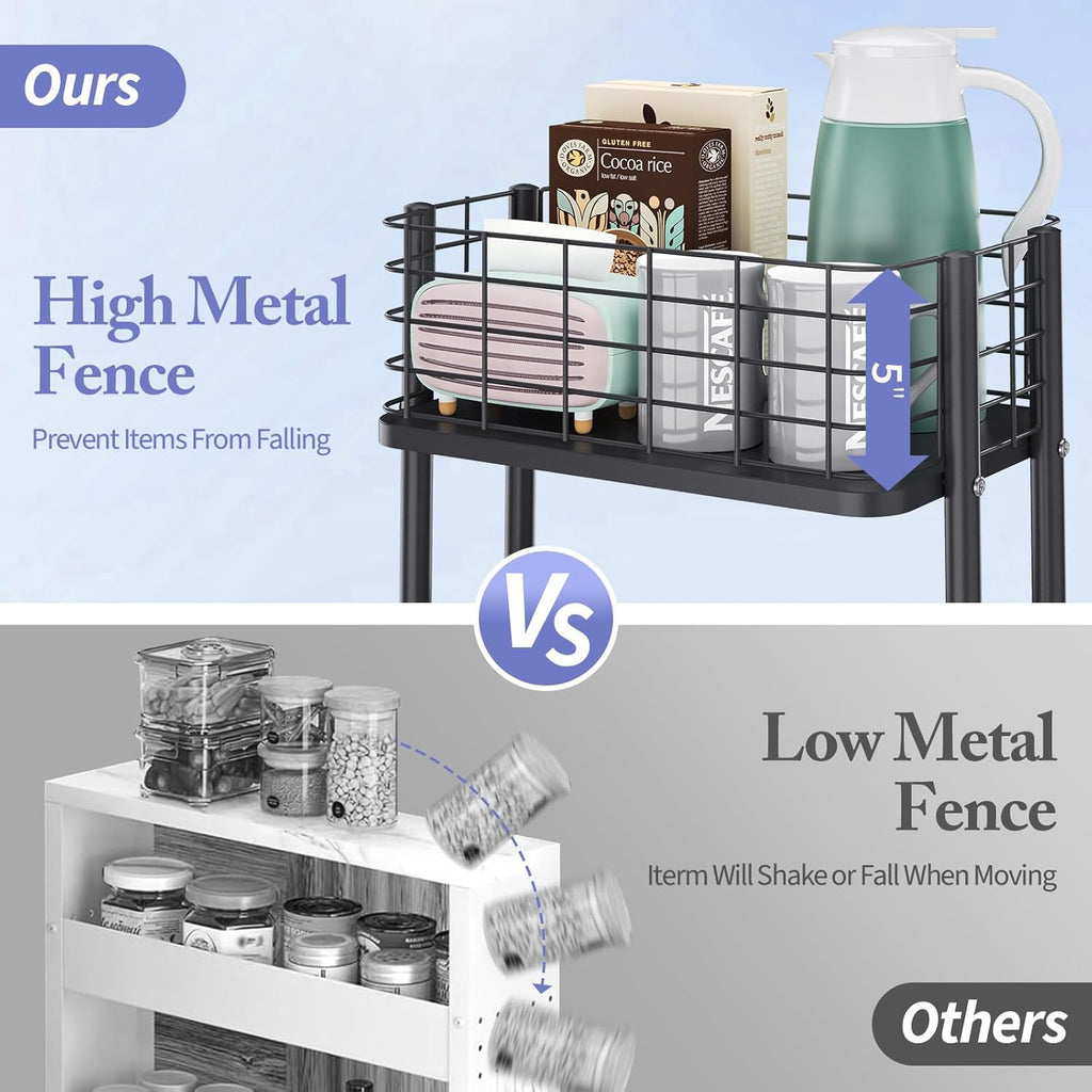 KINGRACK 3 Tier Rolling Cart, Metal Mobile Storage Shelf with Lockable Wheels, Utility Trolley Cart with Wheels, Storage Organizer for Kitchen, Office, Bathroom, Dorm, Black