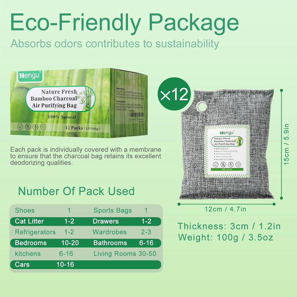 Activated Charcoal Odor Absorber (Large, 12 Pack, 100g each), Natural Charcoal Bags Odor Absorber Bamboo Charcoal Air Purifying Bag for Home, Fridge, Cabinet