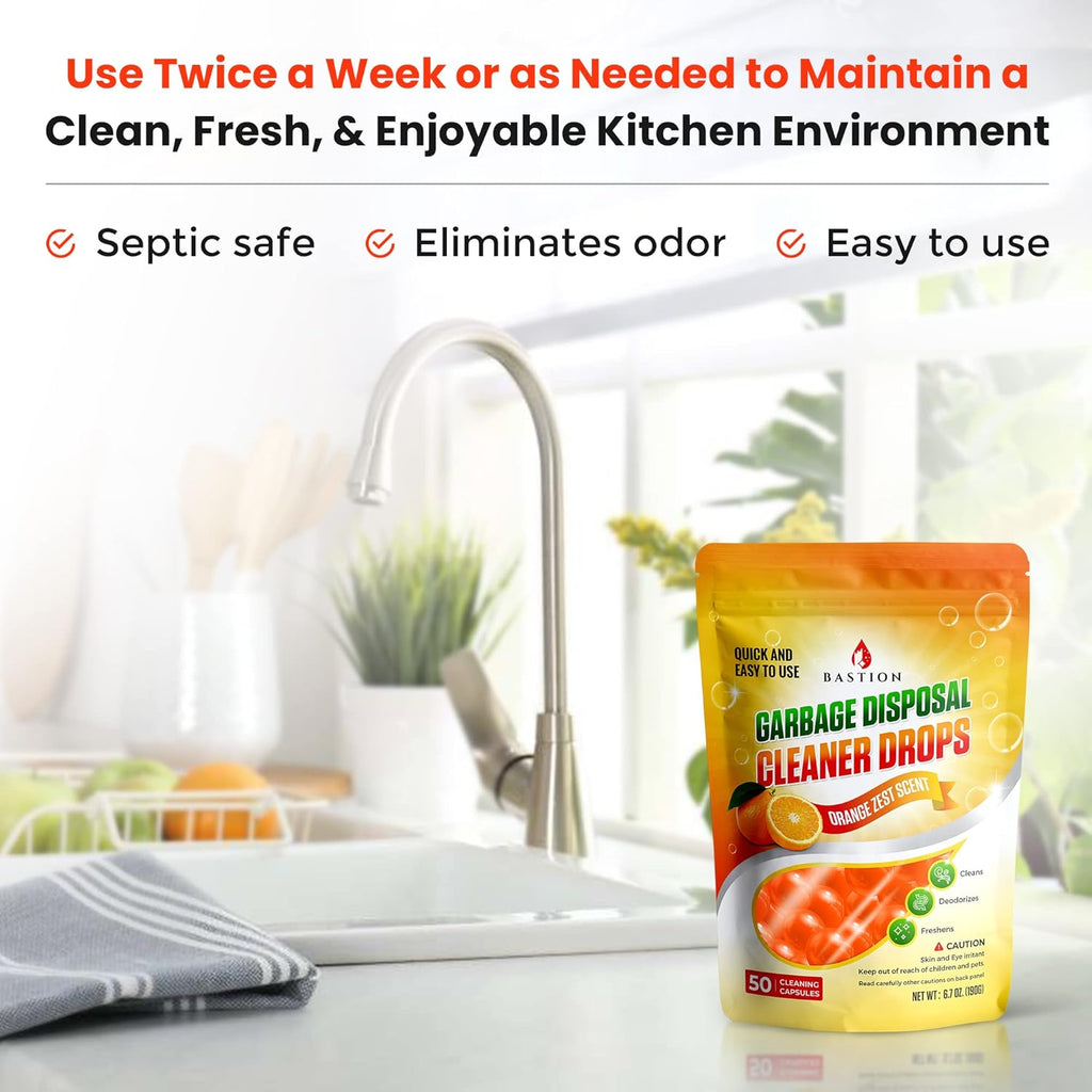 Bastion Garbage Disposal Cleaner and Deodorizer Drops- [[50-Count]] Orange Zest Scented Kitchen Sink Freshener Pods & Drain Odor Eliminator Disposer Care Balls