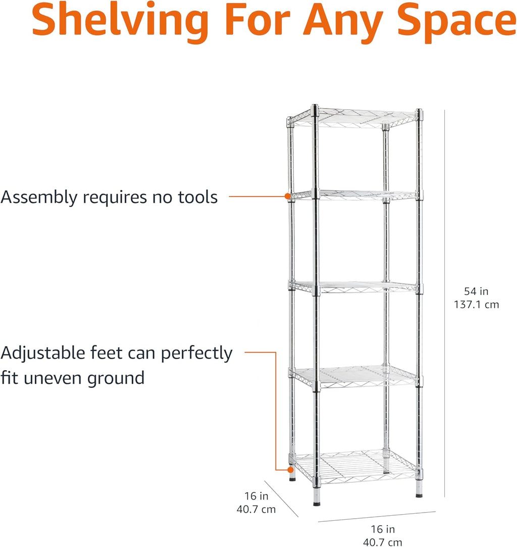 Amazon Basics 5-Shelf Tower Adjustable Storage Shelving Unit, Chrome, 16 D x 16 W x 54 H in