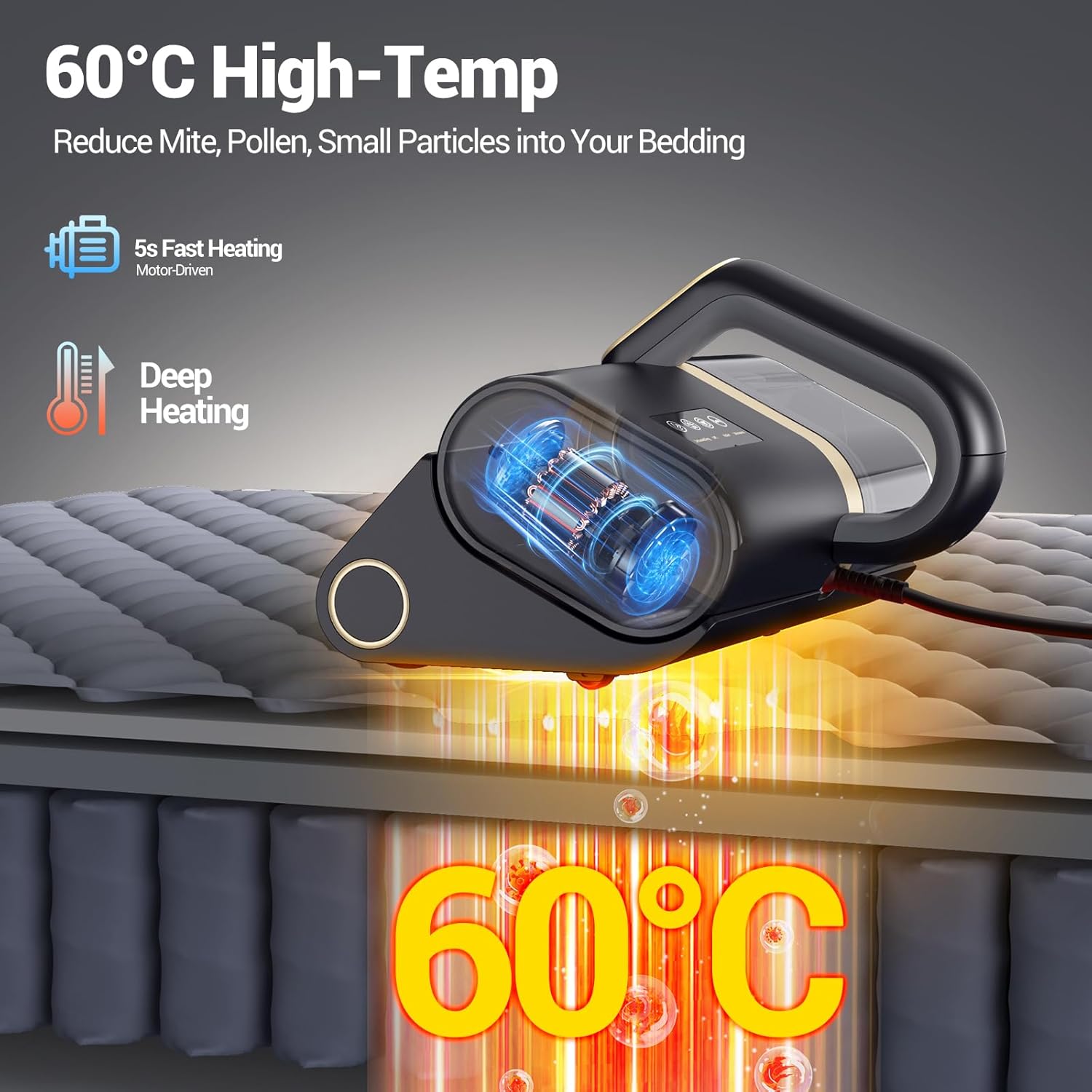 Bed Vacuum Cleaner, 16Kpa Suction 500W Powerful Double Cup Mattress Cleaner, Mattress Vacuum Cleaner with Dust Sensor, Ultrasonic & Heating Tech, HEPA Filter（Corded）