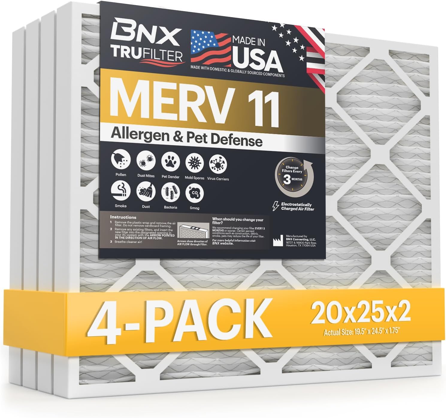 BNX TruFilter 20x25x2 Air Filter MERV 11 (4-Pack) - MADE IN USA - Allergen Defense Electrostatic Pleated Air Conditioner HVAC AC Furnace Filters for Allergies, Dust, Pet, Smoke, Allergy MPR 1200 FPR 7