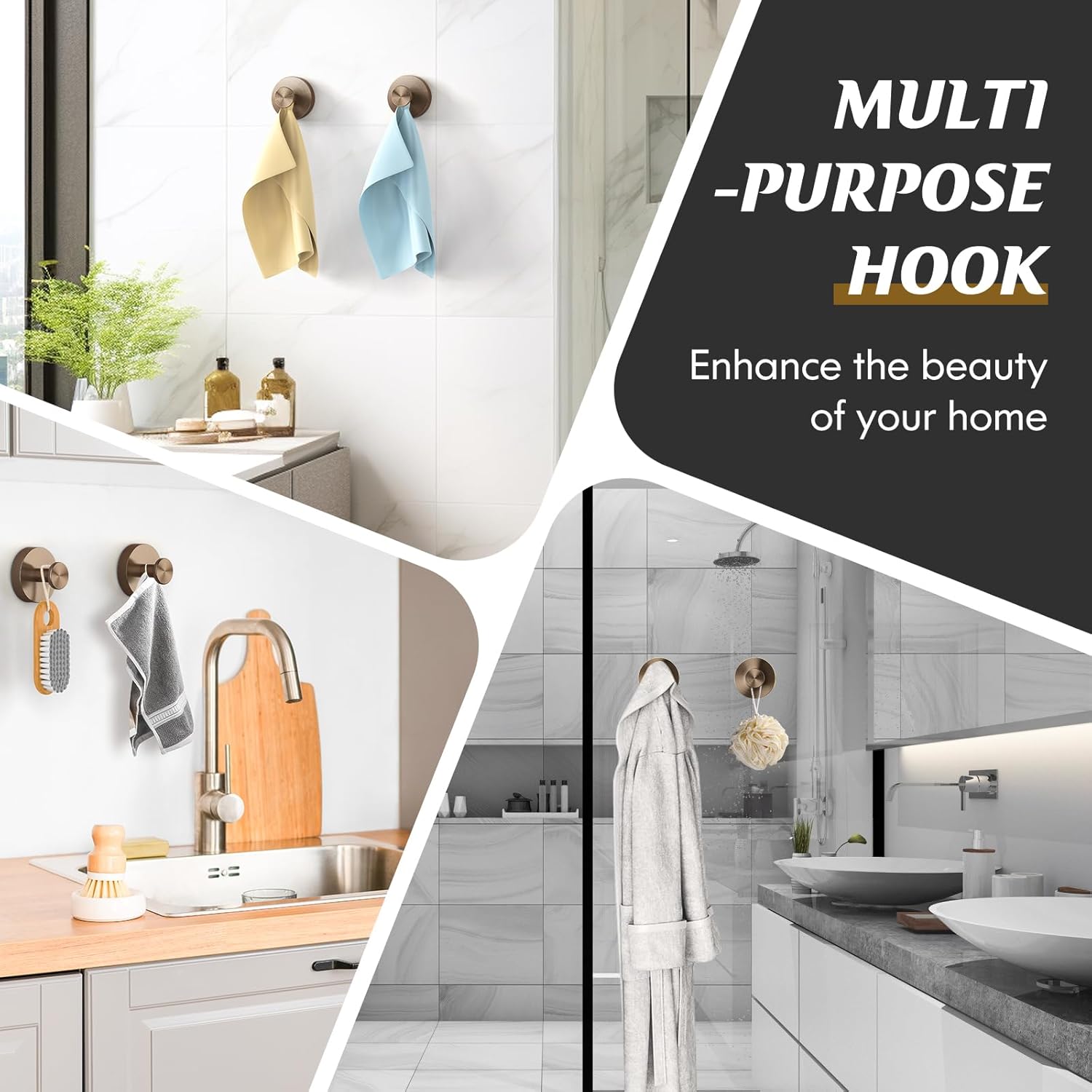 Suction Cup Hooks for Shower,2Pcs Shower Towel Suction Hooks,No Drill Towel Hooks for Bathroom Wall,Kitchen,Glass,Mirror,Tile to Hang Towels,Robes,Loofah-Champagne Bronze