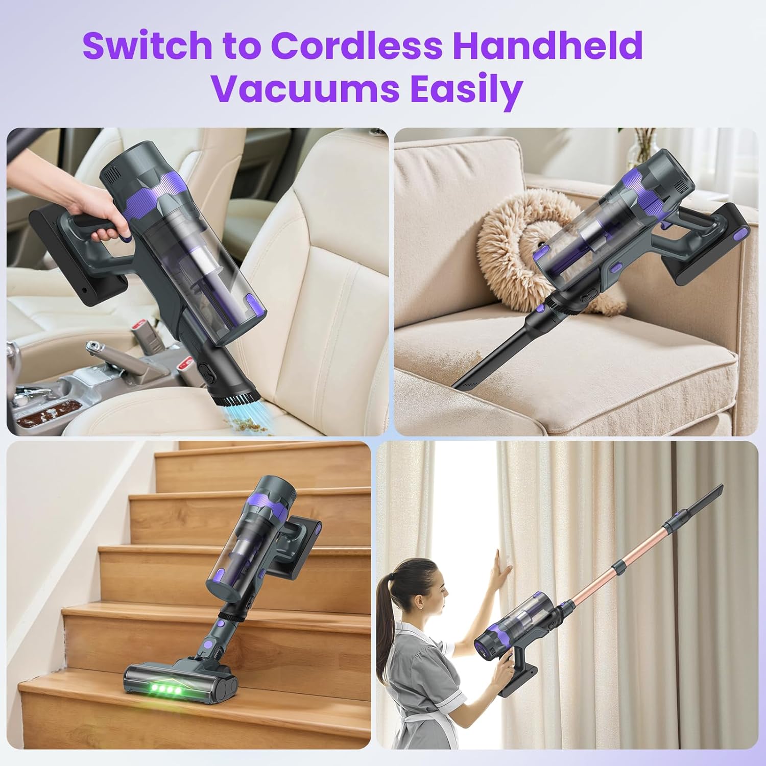 Cordless Vacuum Cleaner, 50Kpa Lightweight Cordless Stick Vacuum, 500W Rechargeable Battery Vacuum with 50min Runtime, LED Display, Stick Vacuum Cleaners for Home Pet Hair Hardfloor Carpet-V2