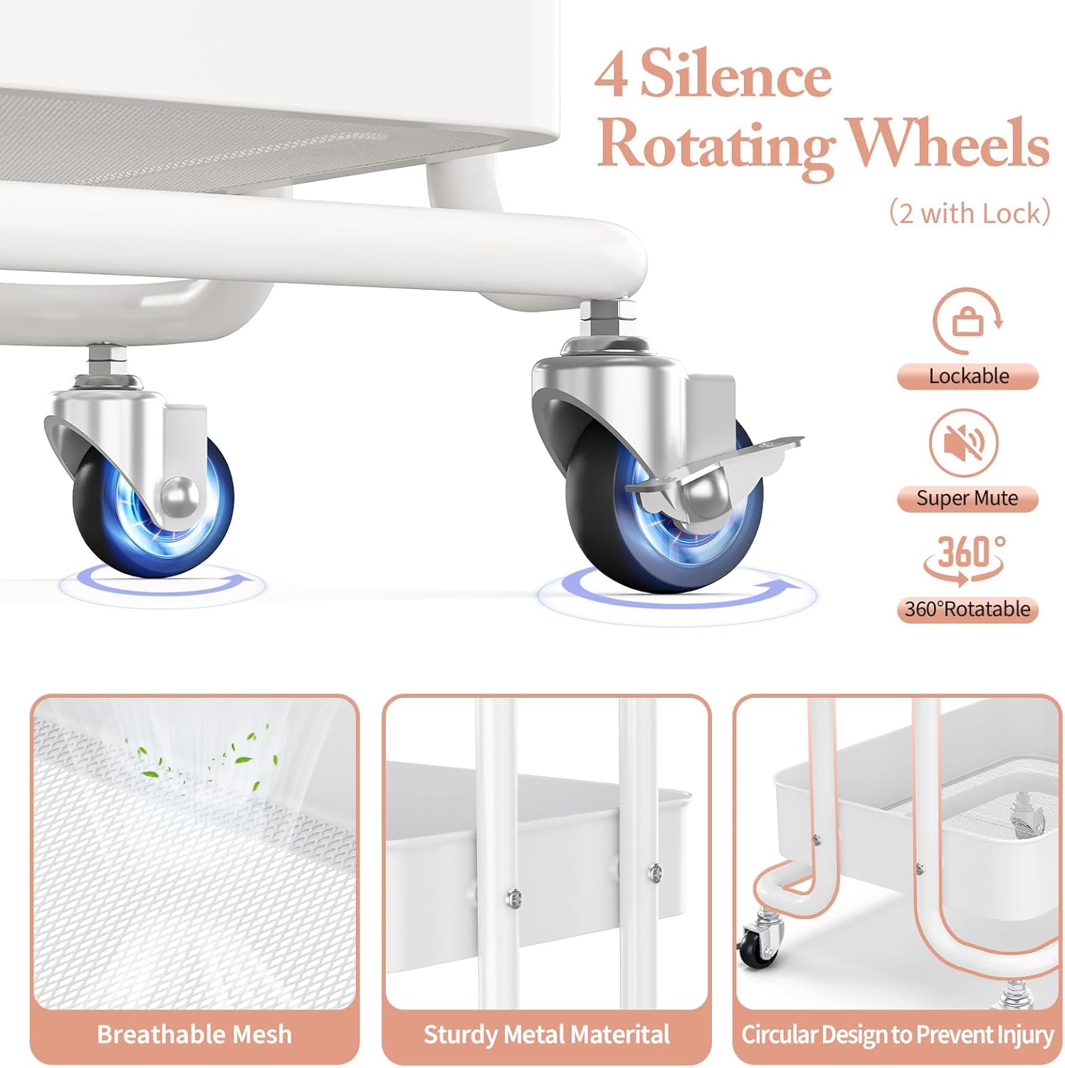 KINGRACK 3 Tier Rolling Cart, Metal Mobile Storage Shelf with Lockable Wheels, Prevent Falling Utility Trolley Cart, Storage Organizer for Kitchen, Office, Bathroom, Dorm, White