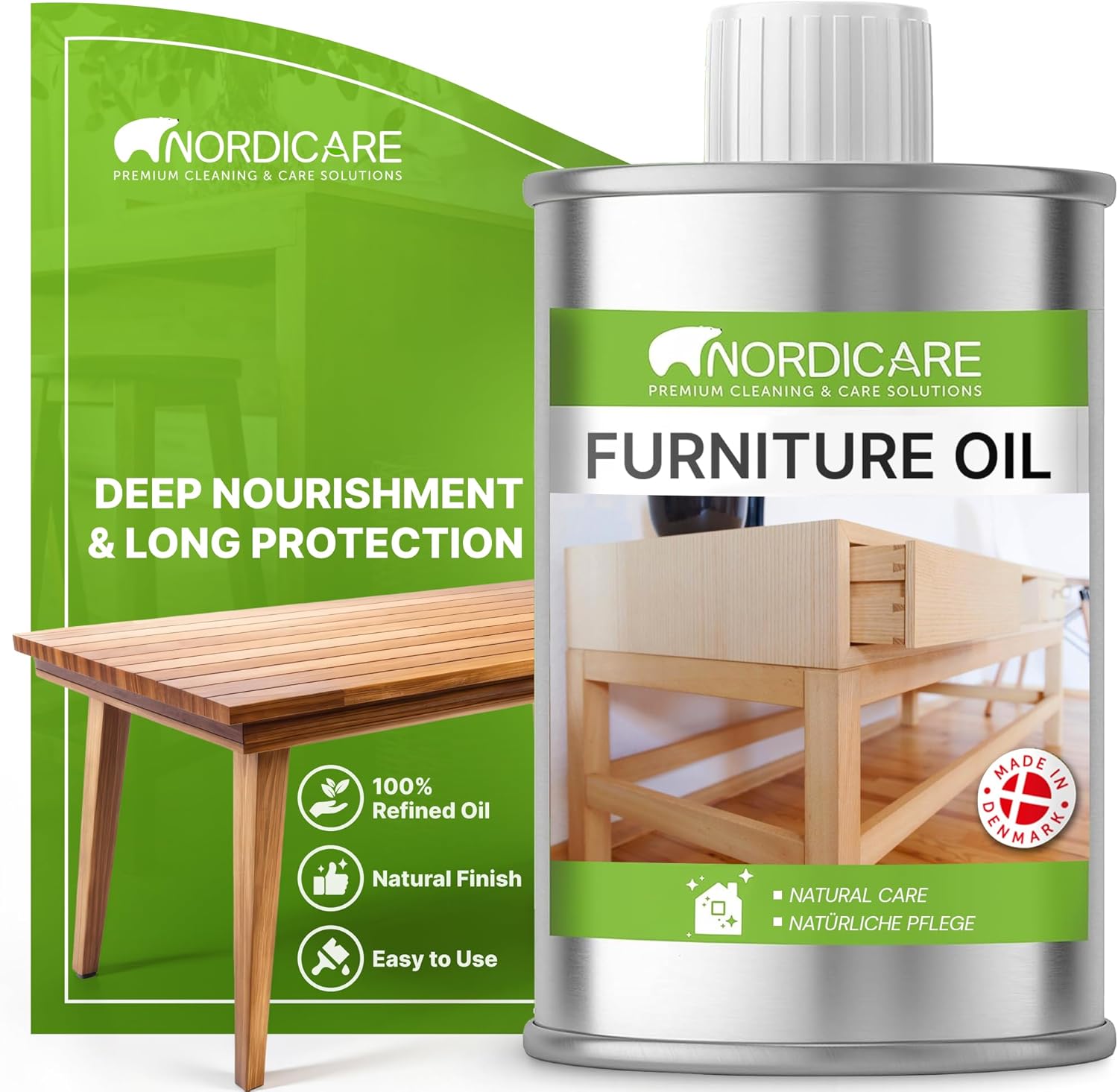 Nordicare Wood Oil Colorless - Premium Walnut Oil, Teak Oil, Wood Oil Furniture for Oak, Beech, Teak, Walnut, Pine, Larch - Natural Furniture Wood Oil - Made in Denmark - for Indoor Use (34 oz)
