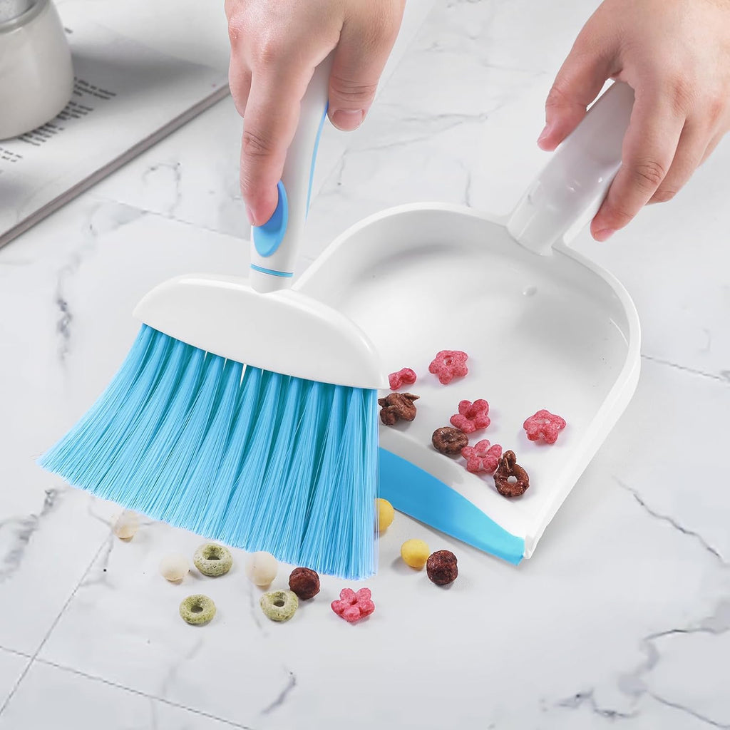 NACENA Small Dust Pan and Brush Set, Mini Broom and Dustpan Set Small Hand Broom and Brush Combo Dust Pan with Teeth for Home Cleaning Drawers Desktop Sofas Pet Care and Outdoor, Dark & Blue