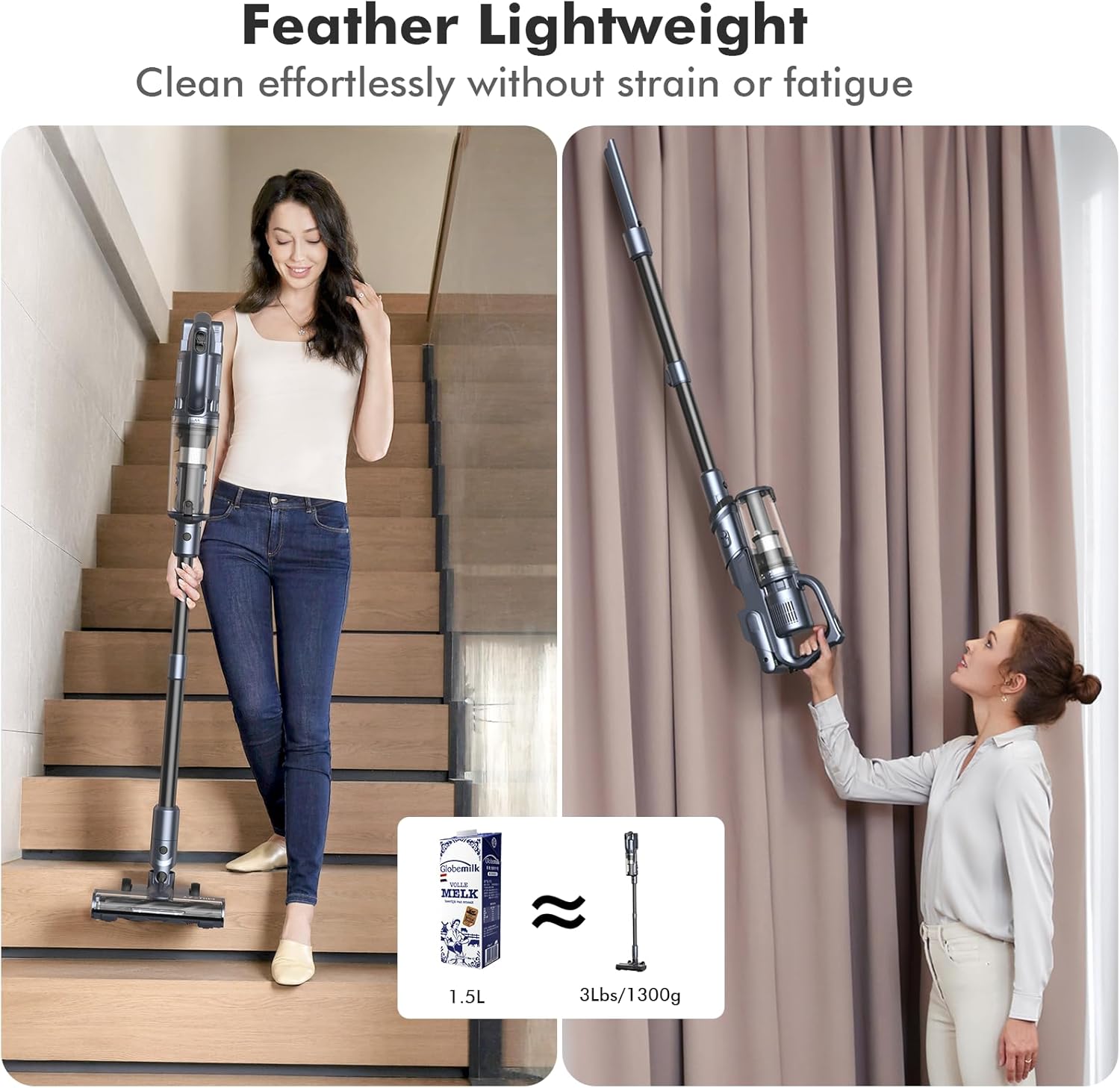 35,000pa Cordless Vacuum Cleaner, Max 50 Minutes, Lightweight Cordless Cleaners for Home, Stick and Handheld Vacuum for Carpets, Hard Floor, Pet Hair, Cars (Black)