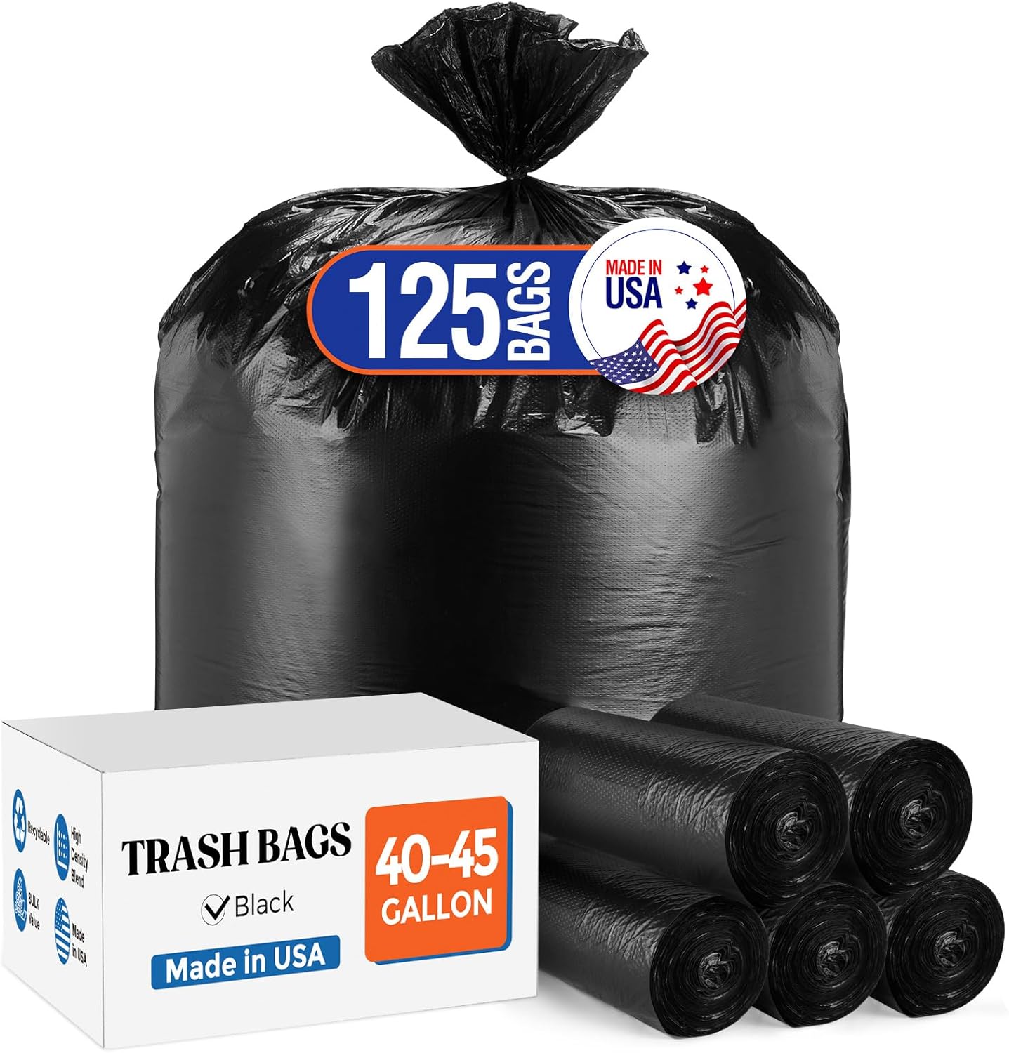 Delxo 40-45 Gallon Black Trash Bags, 125 Count – Heavy Duty Contractor Garbage Bags, Thick, Durable & Puncture-Resistant Plastic – Made in USA for Kitchen, Yard & Commercial Use