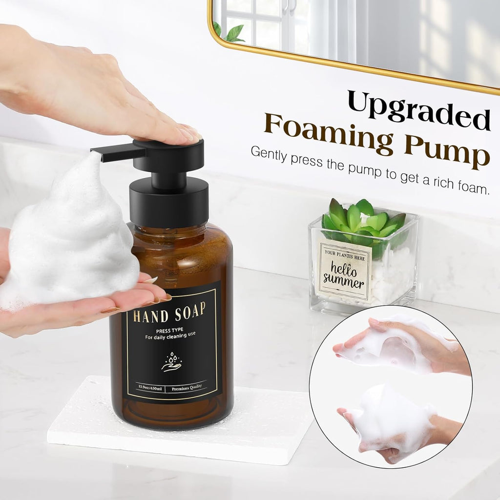 Luxspire Foaming Soap Dispenser, Glass Foam Pump Soap Dispenser, Non-Slip Silicone Sleeve & 5 Waterproof Labels, 15 Oz Refillable Liquid Bottle for Bathroom & Kitchen, Amber, 1 Pack