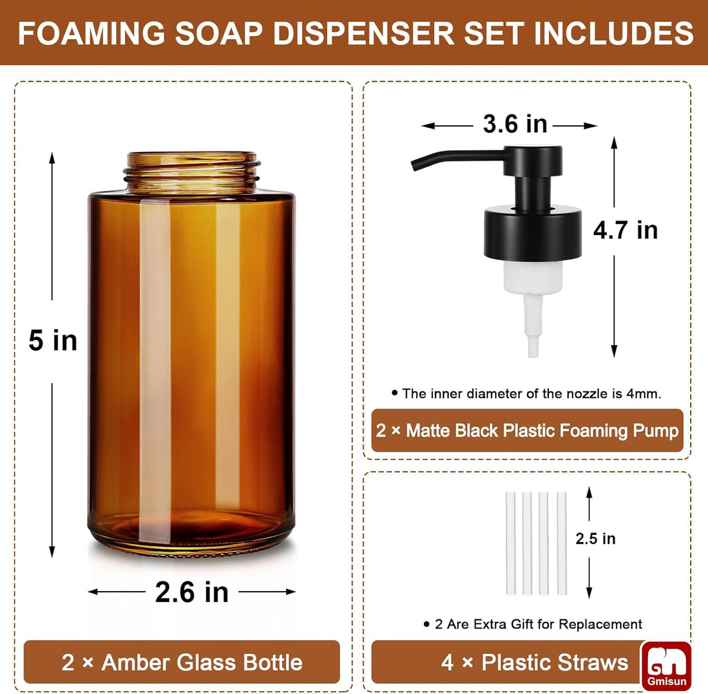 GMISUN Glass Foaming Soap Dispenser, 10 Fl oz / 300ml Amber Glass Soap Dispenser for Bathroom & Kitchen, 2 Pack Modern Refillable Foam Hand Soap Dispensers, Bathroom Hand Soap Dispensers with Labels