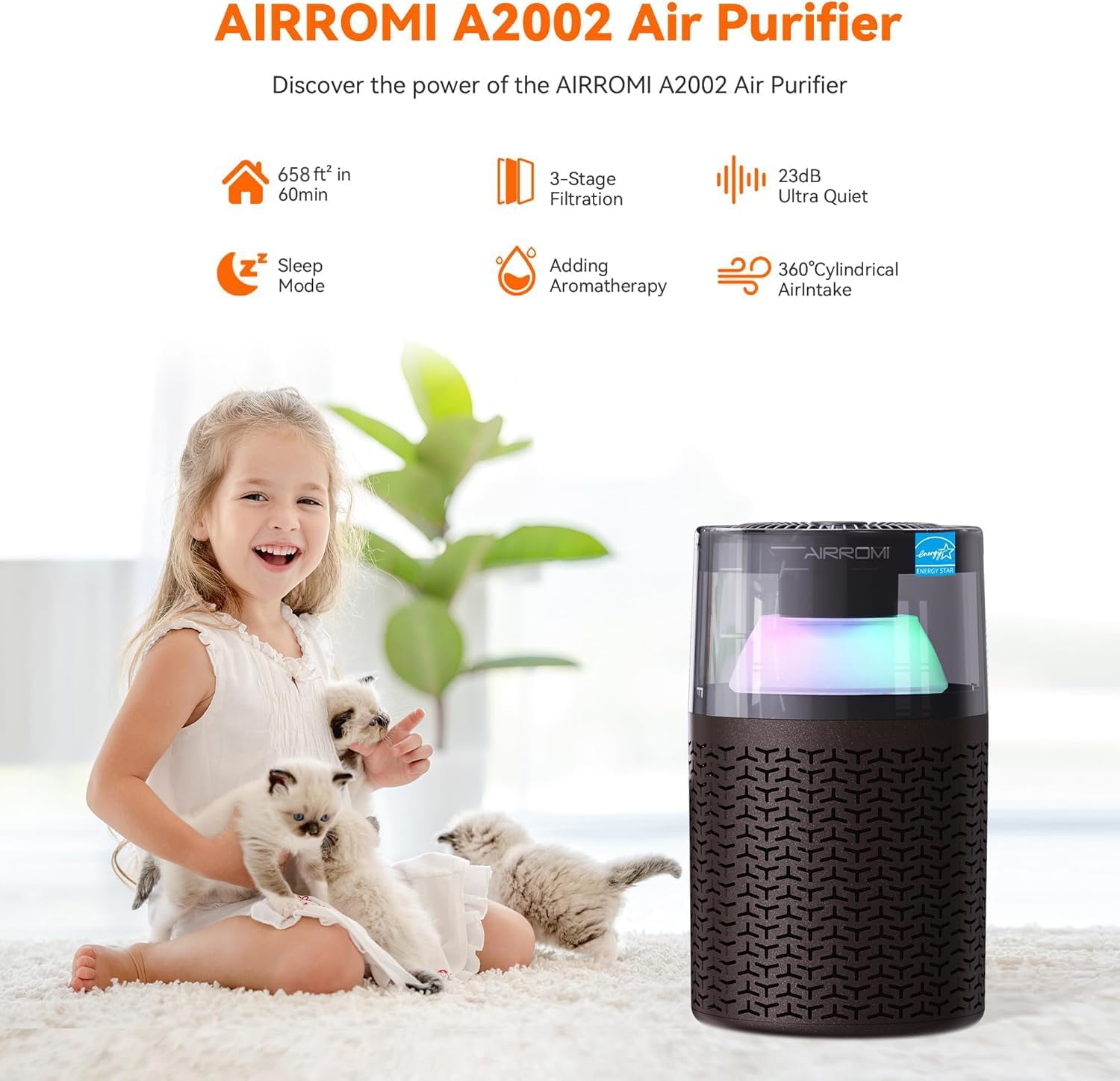 AIRROMI Air Purifiers for Bedroom Home,Up to 658 Ft²,Activated Carbon Filter Cleaner,With Fragrance Sponge for Better Sleep,Night Light,Pet Dander,Allergies,Smoke,Odor,Desktop Air Cleaner A2002 Brown