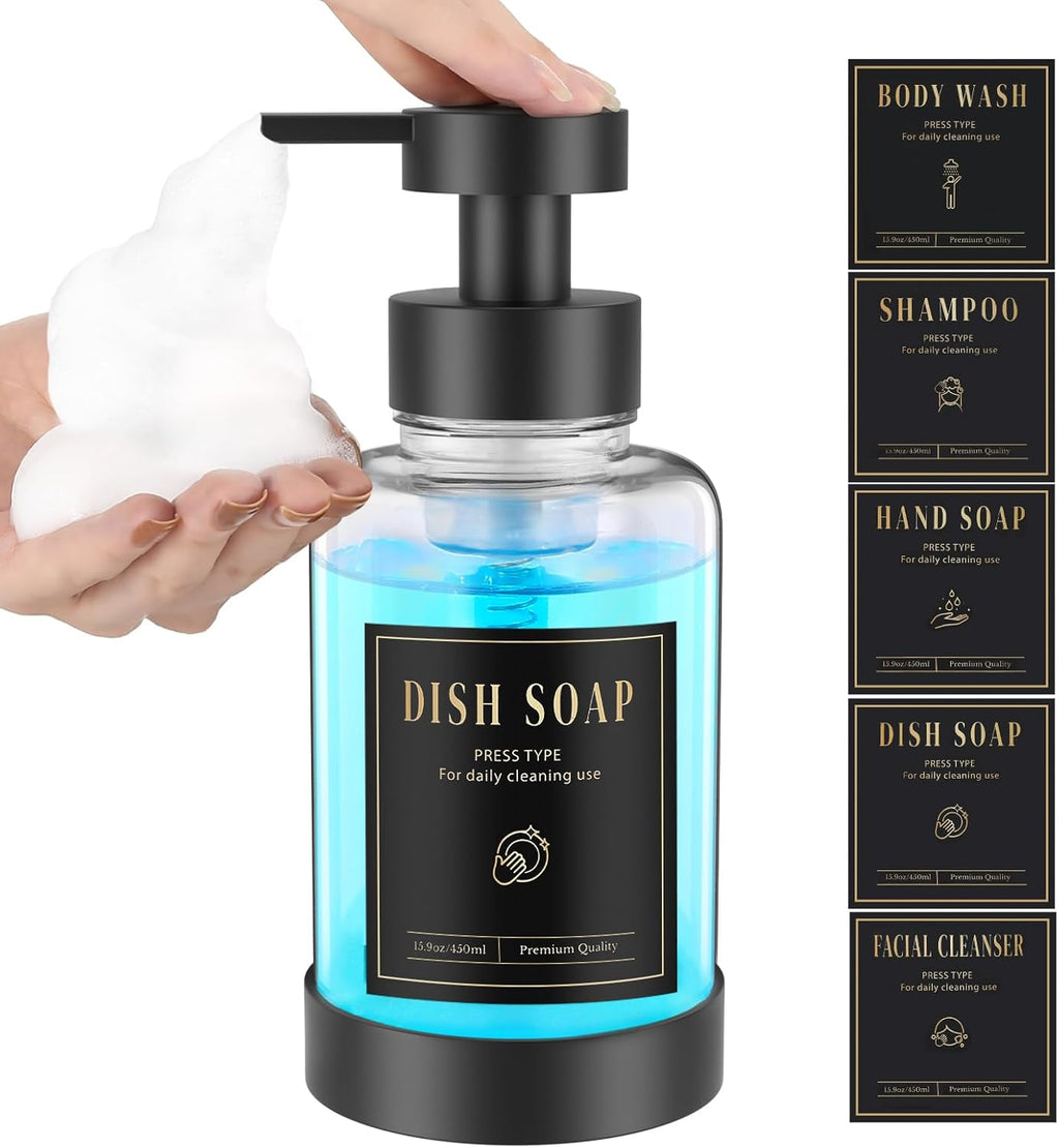 Luxspire Foaming Soap Dispenser, Glass Foam Pump Soap Dispenser, Non-Slip Hand Soap Dispenser with 5 Waterproof Labels, 15 Oz Refillable Liquid Soap Dispenser for Bathroom & Kitchen, Clear, 1 Pack
