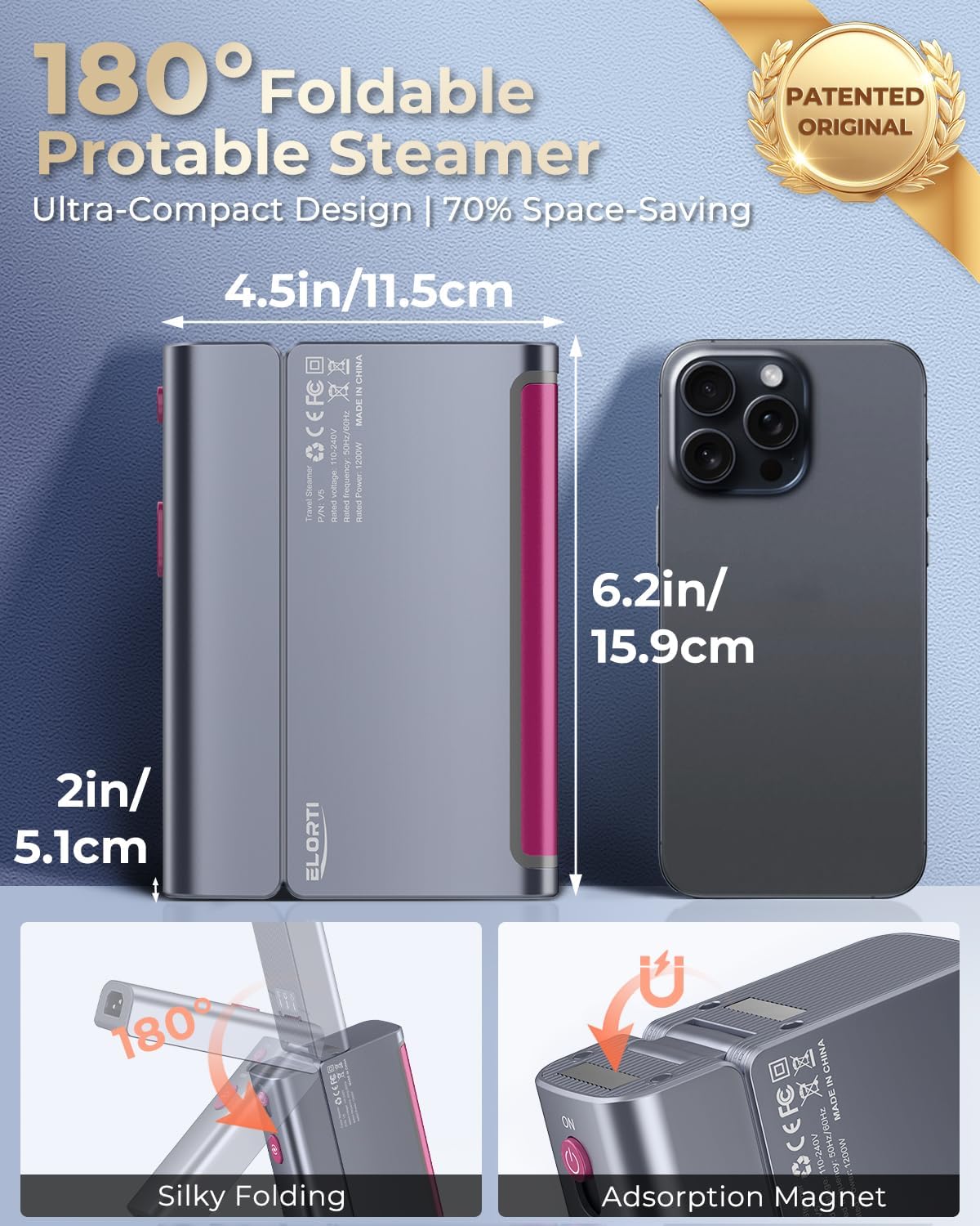 1200W Travel Steamer for Clothes Portable Mini, Dual Voltage, Small Foldable Clothes Steamer and Iron, Compact Garment steamer,15s Fast Heat-Up, Pluggable Cable, Worldwide Travel (110-220V)