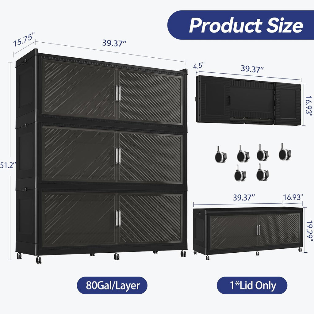 240GAL Extra Large Storage Bins with Lid, 960QT Collapsible Organizer with Wheels, Stackable Closet Cabinet with Doors, Folding Storage Containers for Home, Office, Dorm, 3Pack Black