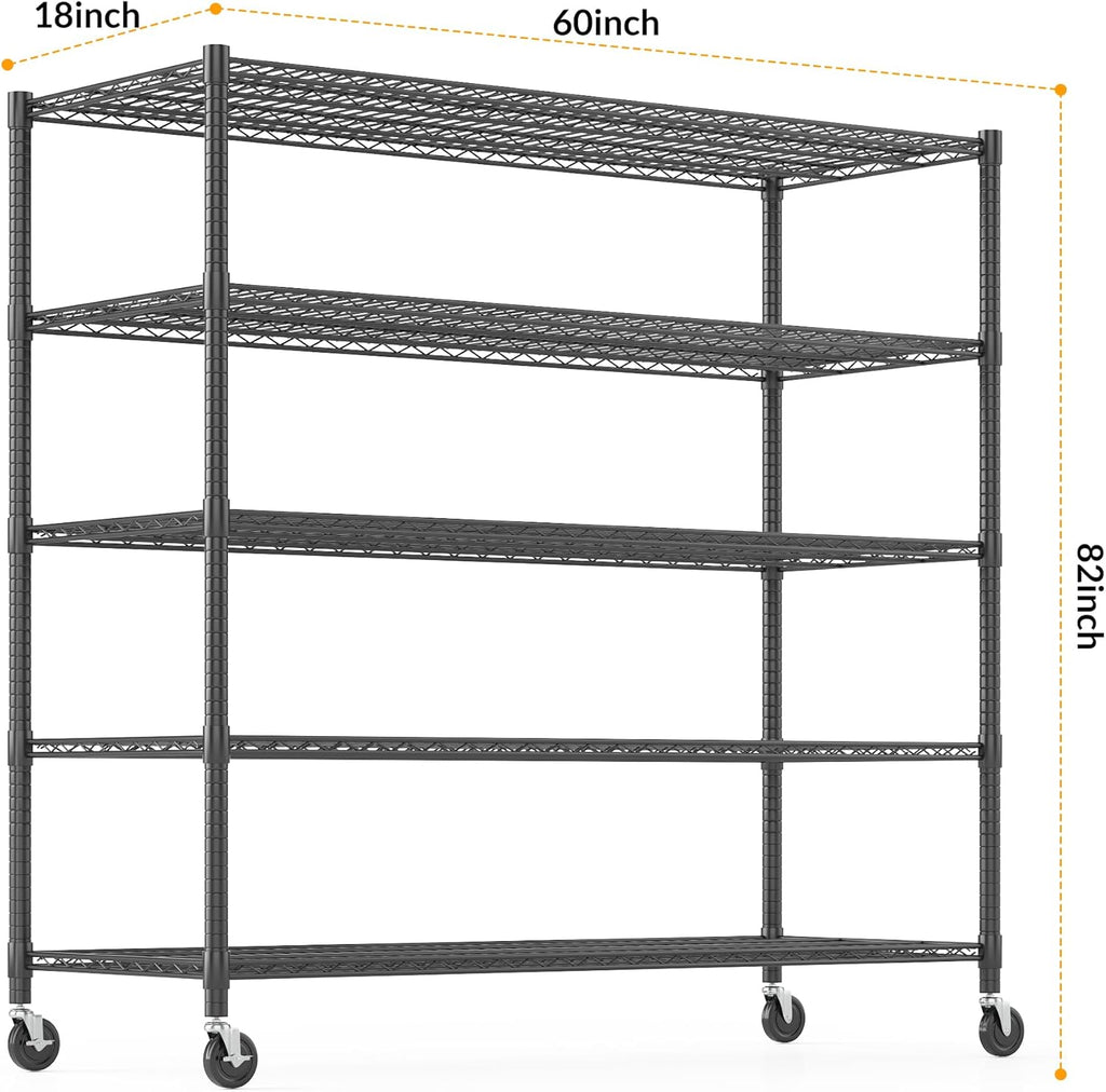 Himimi Storage Shelves with Wheels, 5-Tier Heavy Duty Steel Wire Rack Storage Shelving, Adjustable Metal Storage Shelves for Garage Kitchen Pantry Bathroom Laundry 18" D*60" W*82" H, Black