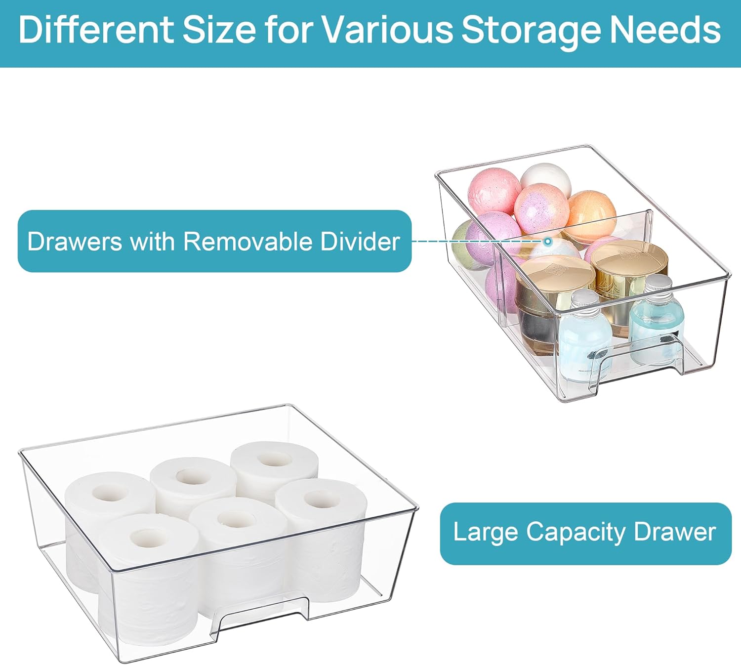 Vtopmart Clear Stackable Storage Drawers Set of 6, Easily Assemble Acrylic Bathroom Undersink Organizers,Plastic Storage Bins for Closet,Cabinet,Pantry,Medicine Organization